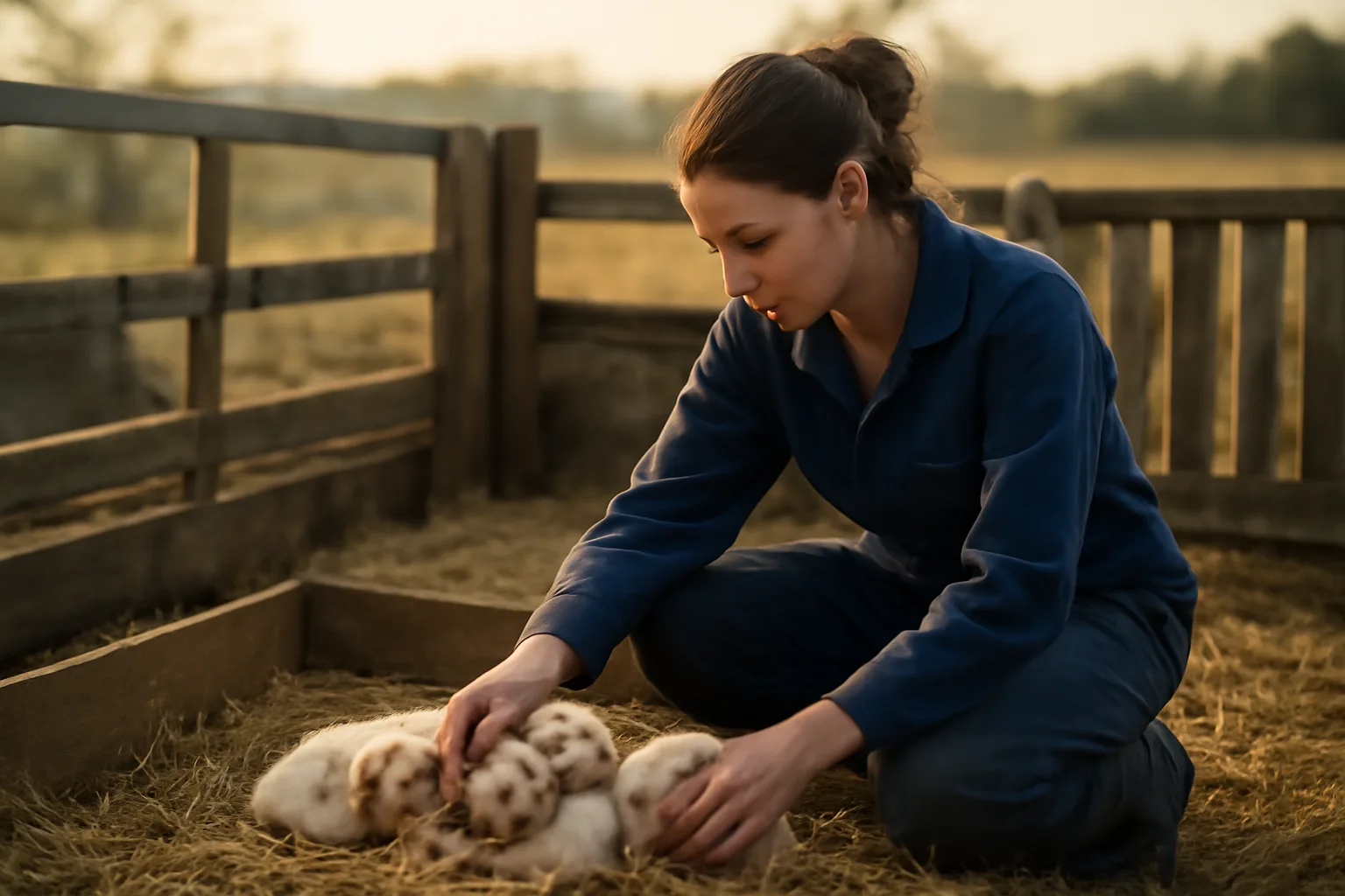 Breeder crouched with a litter of puppies in an outdoor whelping pen at dawn