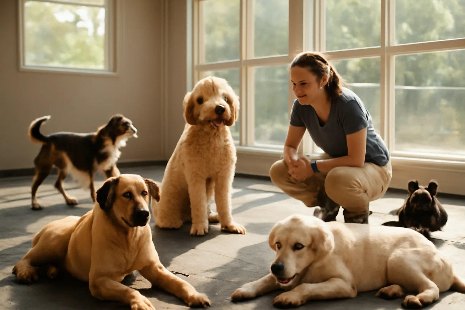 Dogs playing and resting inside a bright animal day care facility