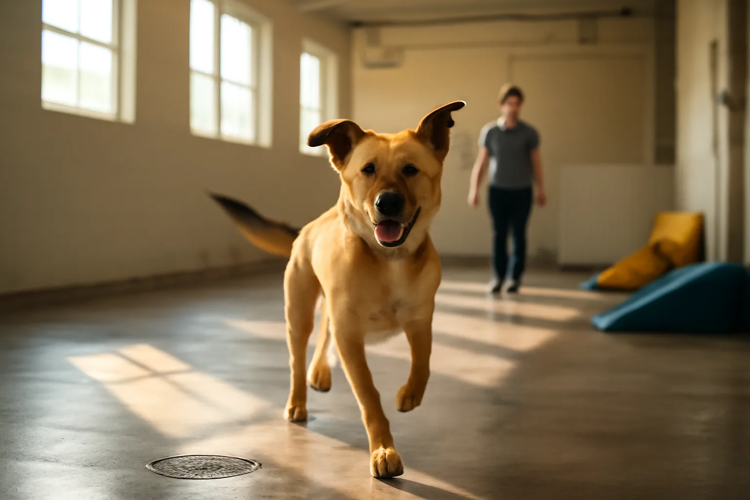 Dog daycare play room with sloped drainage floor and a dog running across sunlit space
