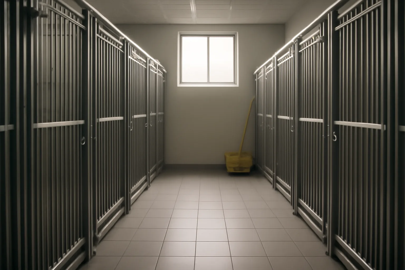 Empty clean kennel corridor with steel gates, illustrating animal shelter license facility standards