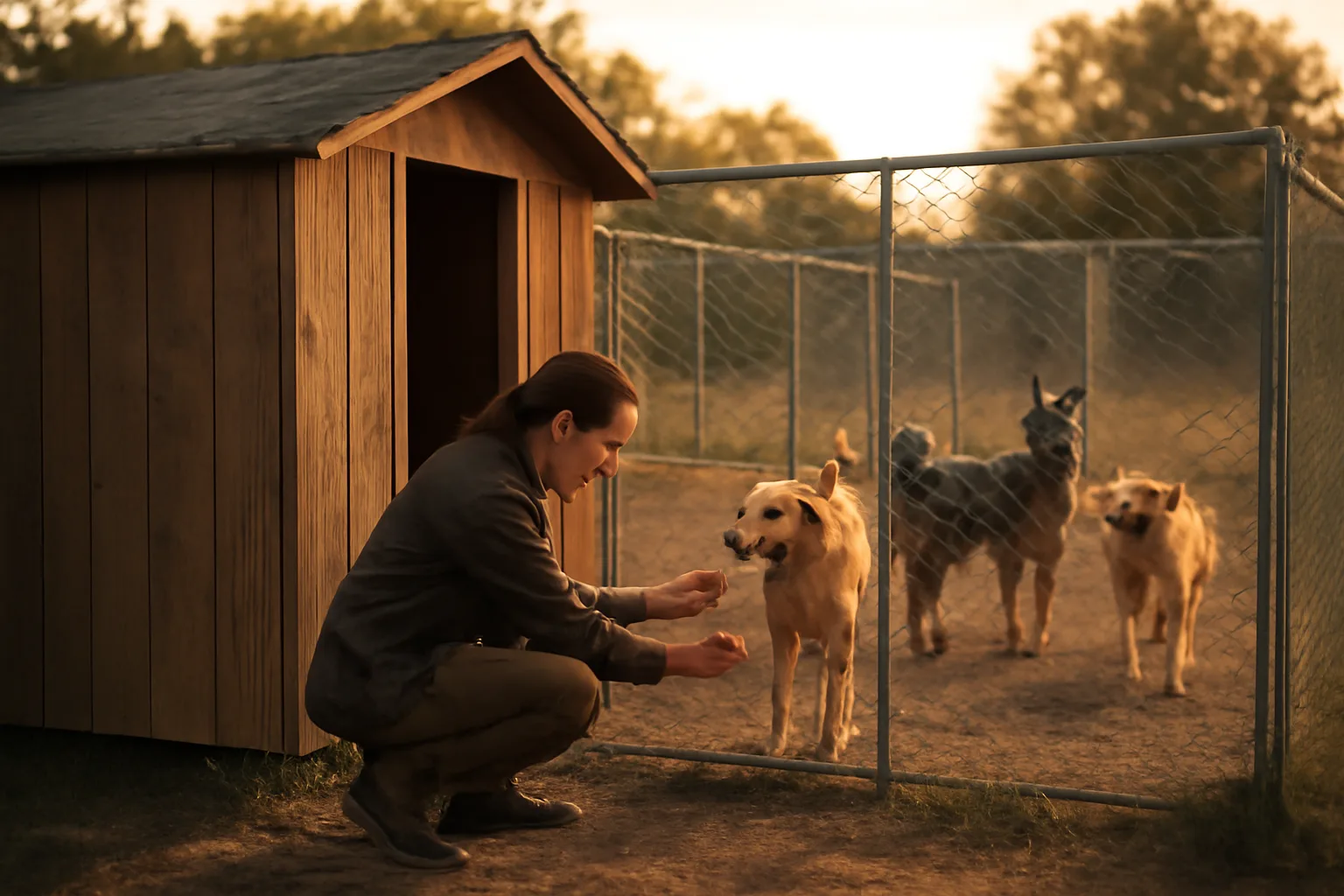 Breeder checking fence latch on outdoor dog runs at a rural kennel facility