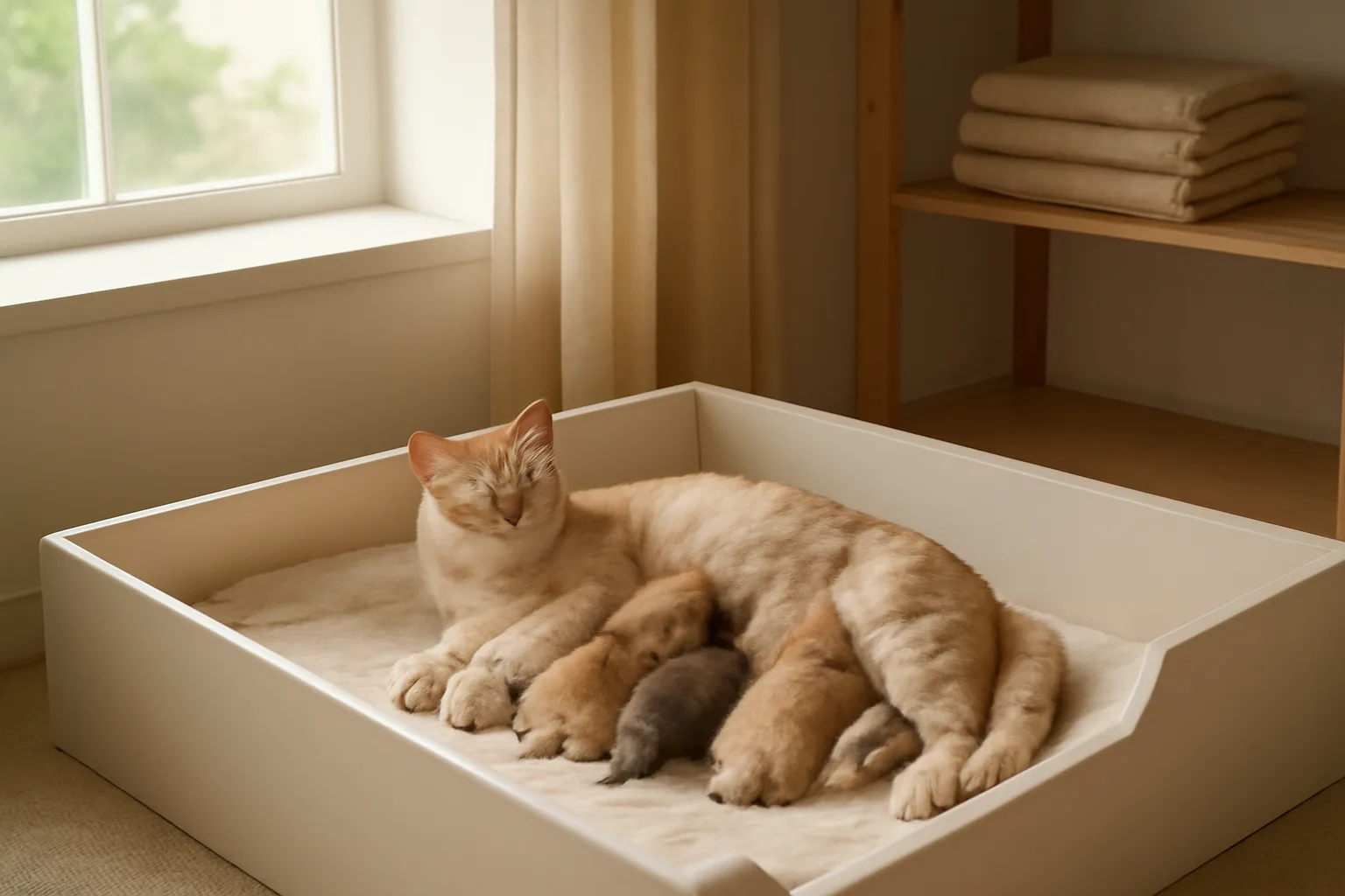 A queen cat nurses newborn kittens in a whelping box inside a home cattery room