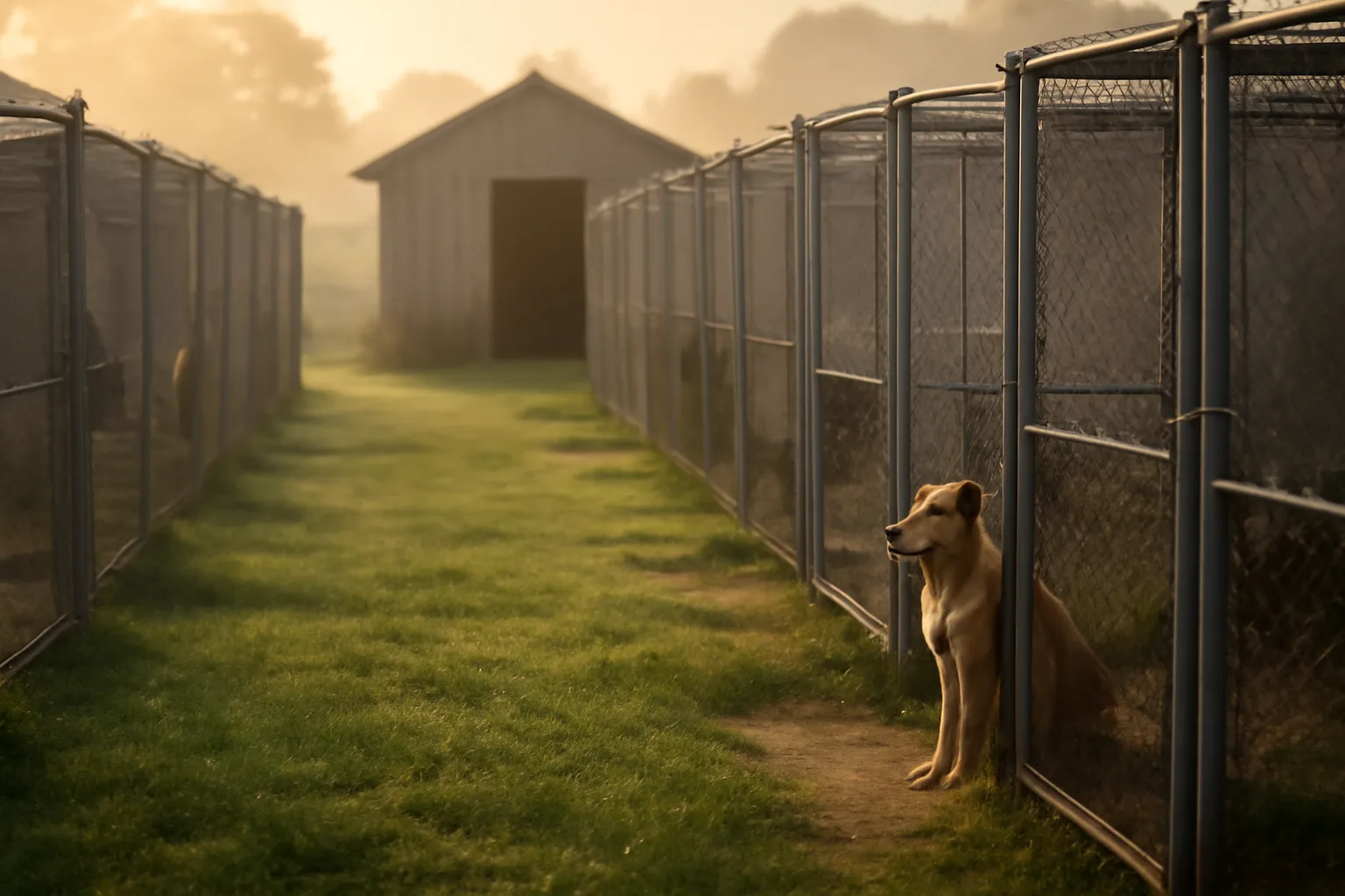 Rural kennel yard with dog runs and a whelping shed at sunrise