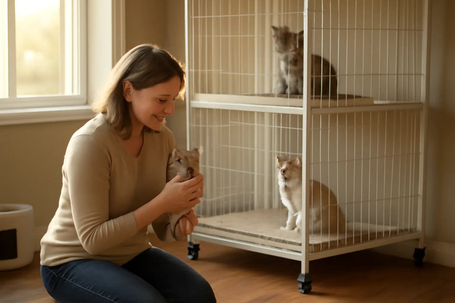 breeder checking kittens in a clean home cattery enclosure during a licensing inspection