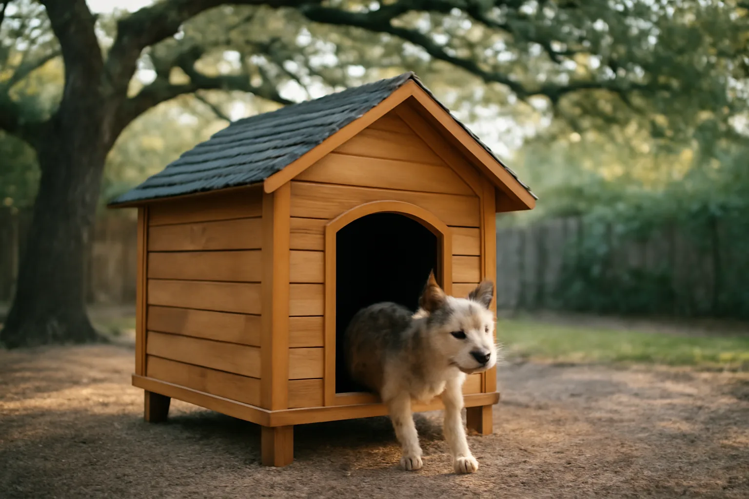 Small dog house on raised platform in a shaded Texas backyard with a terrier stepping out