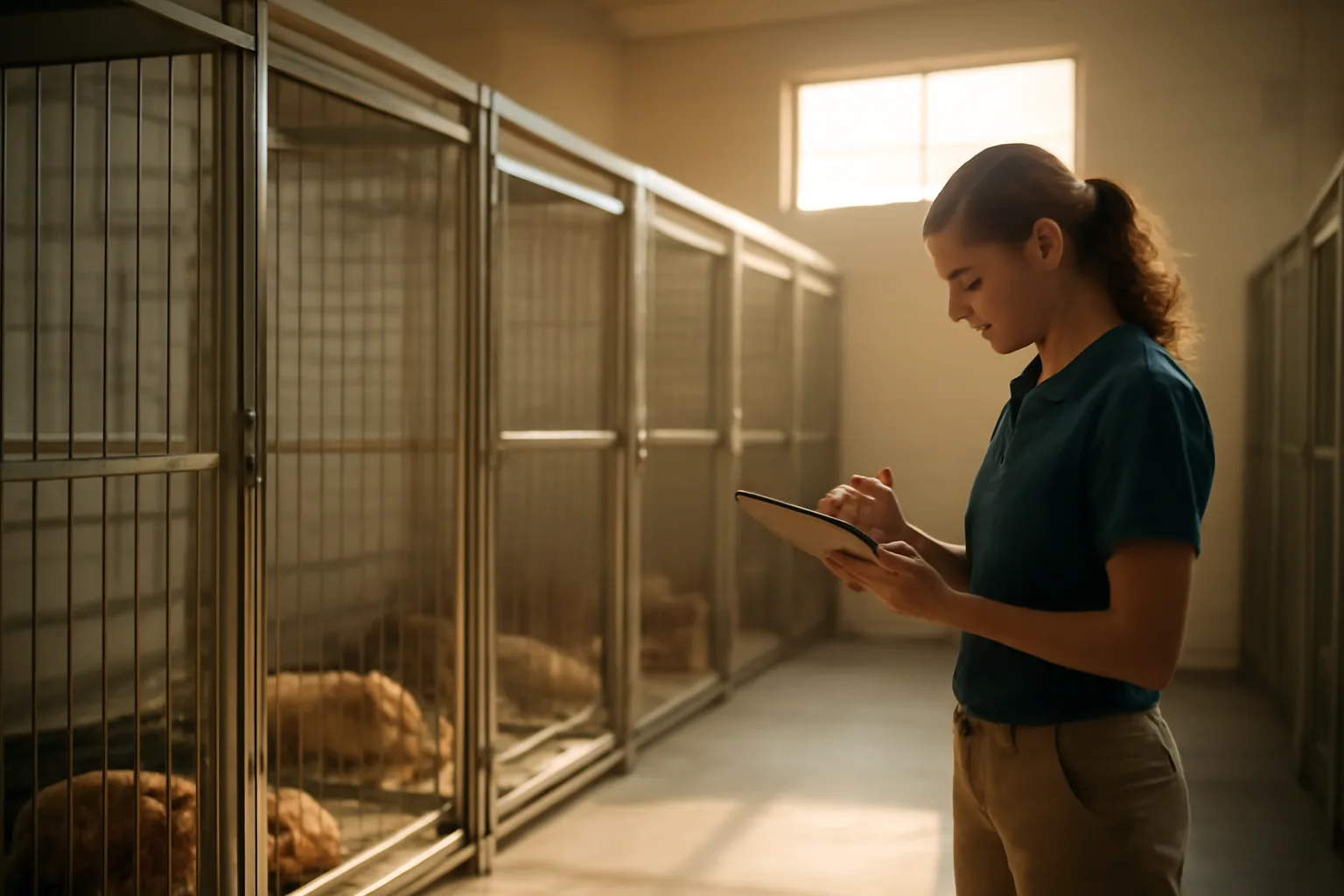 Staff member checking kennel runs in a small dog boarding facility at sunrise