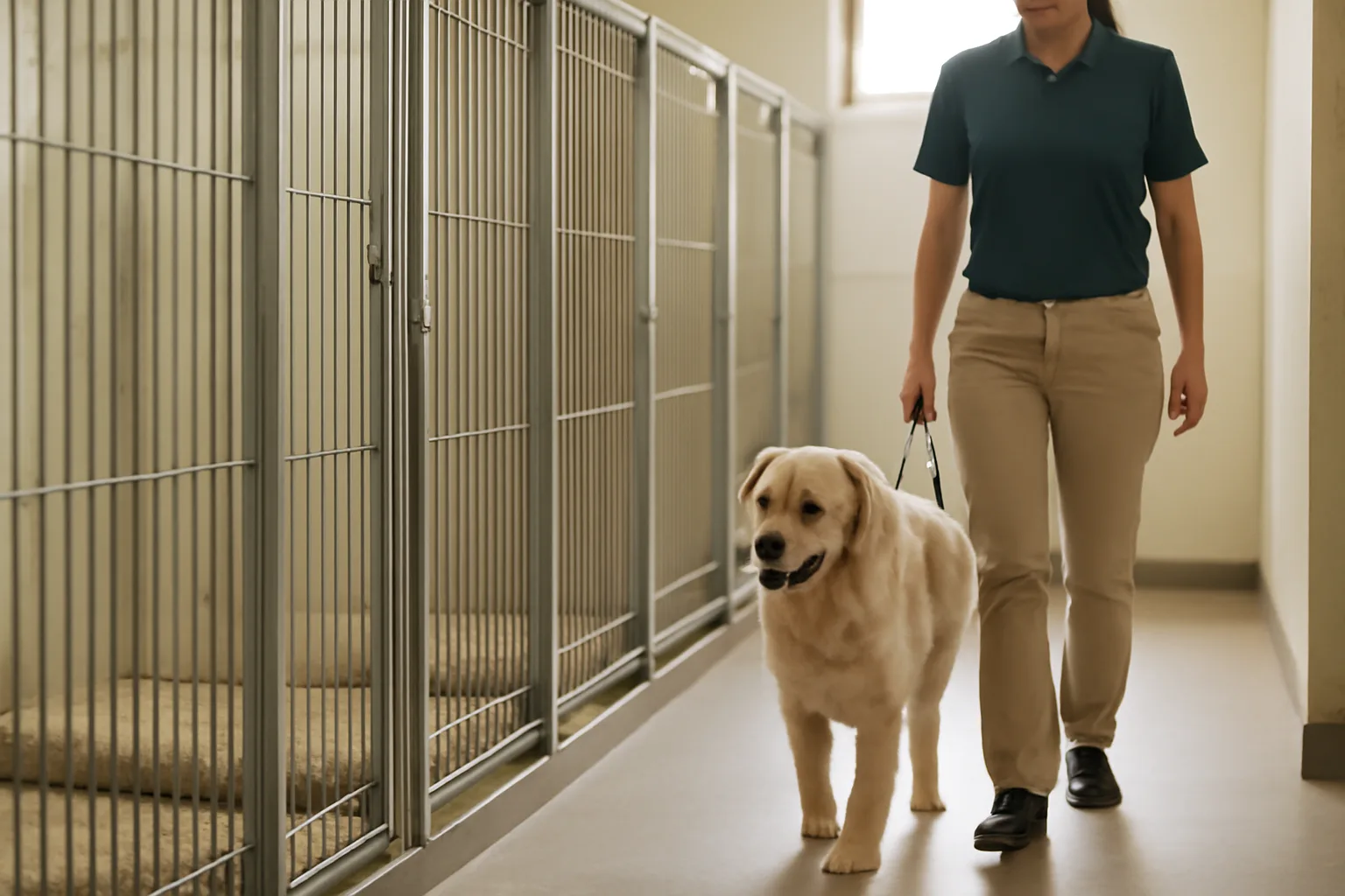 Staff member walking a dog through a clean boarding kennel hallway