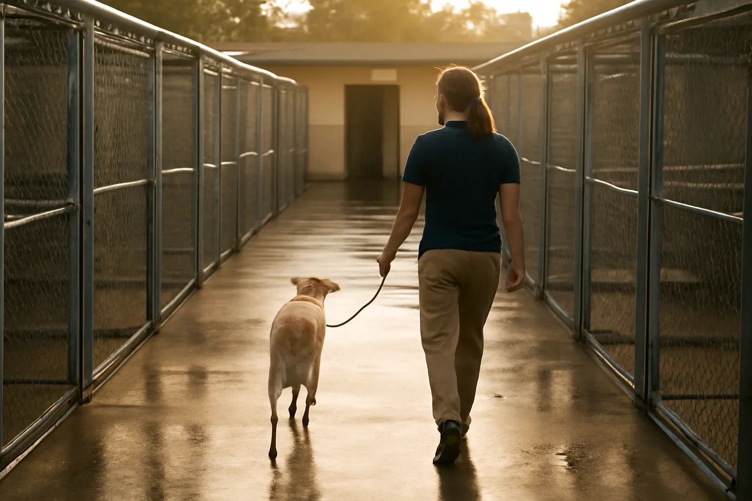 Outdoor kennel runs at a licensed boarding facility in early morning light