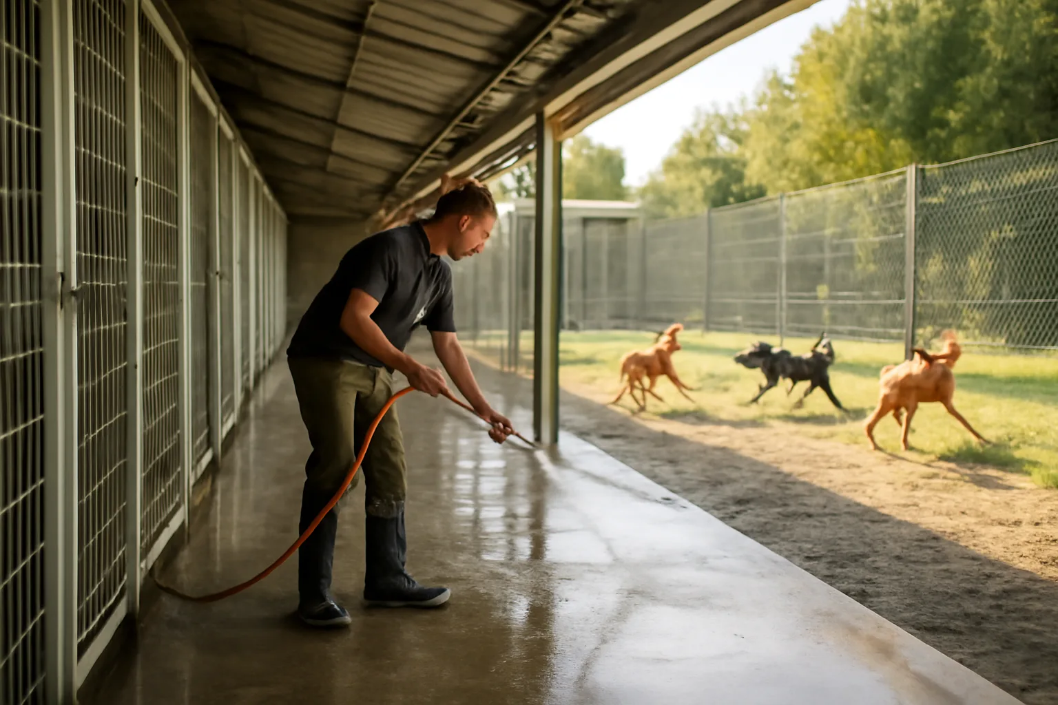 Staff member cleaning kennel runs at a dog boarding facility in morning light