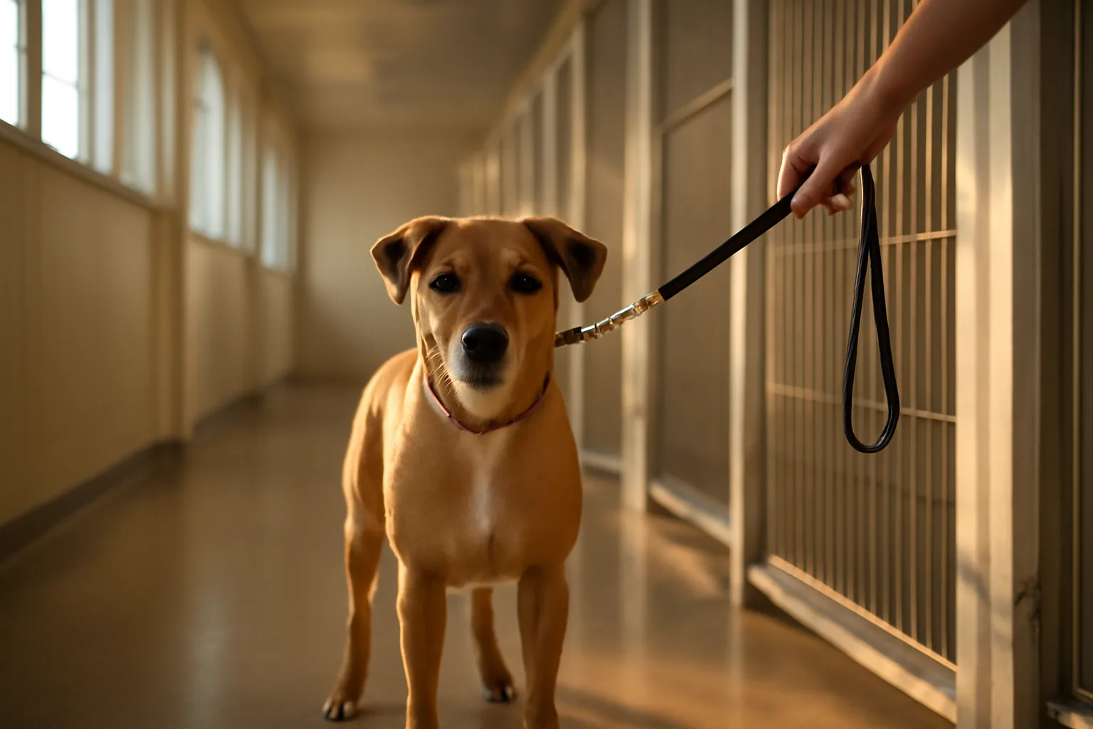Dog boarding facility hallway with open suites and a dog near the gate