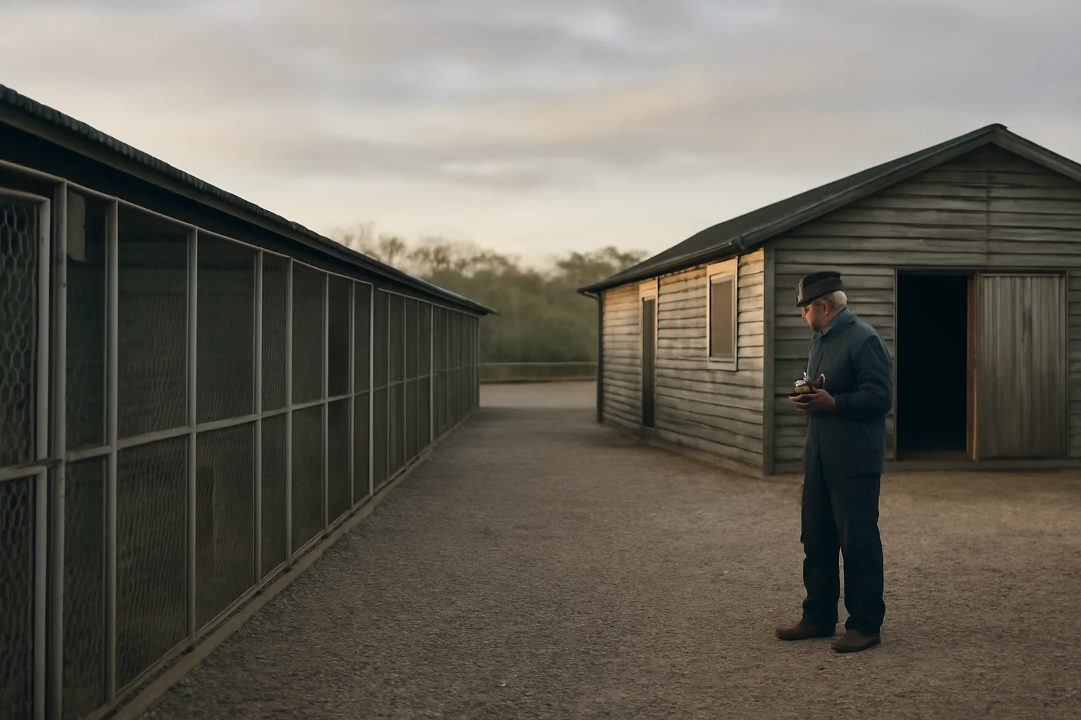 Breeder checking outdoor dog runs at a licensed rural kennel facility