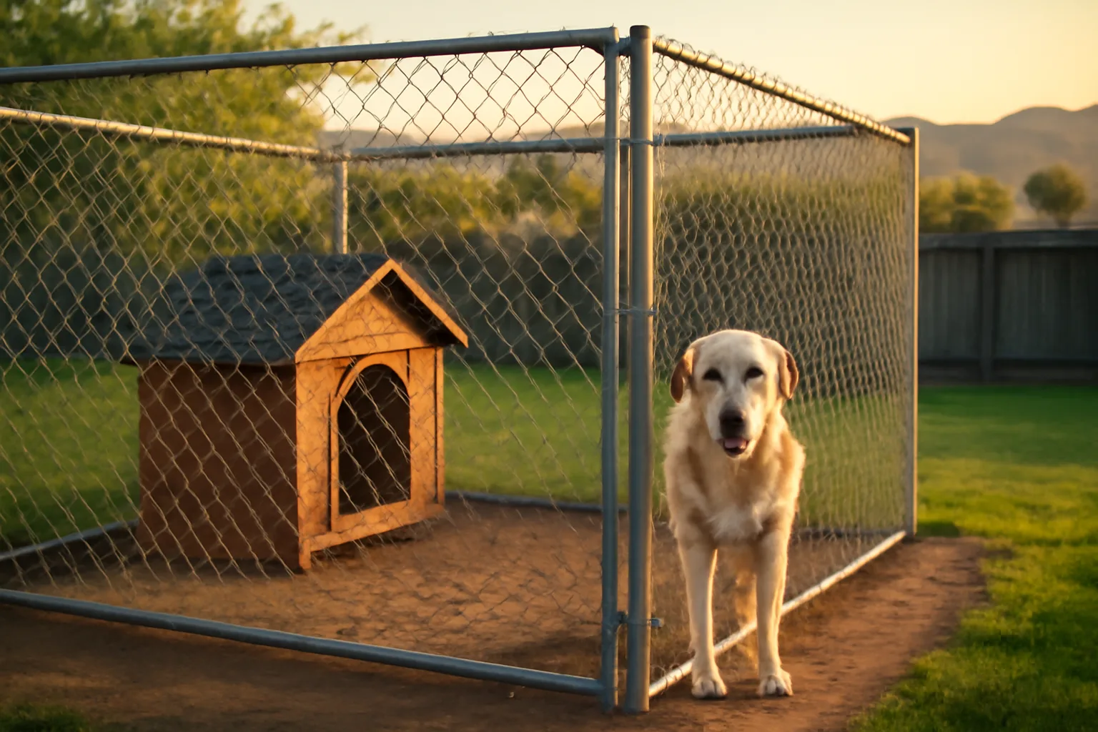 Backyard kennel run used for breeding dogs in California with hills in background