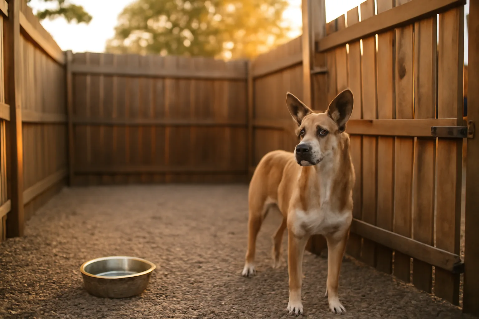 Backyard kennel run with a dog near the gate at golden hour