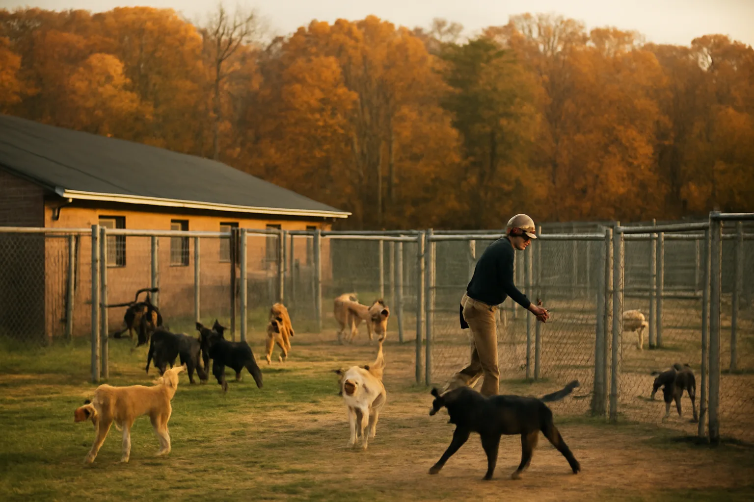 Outdoor dog kennel runs at a Virginia boarding facility at sunset