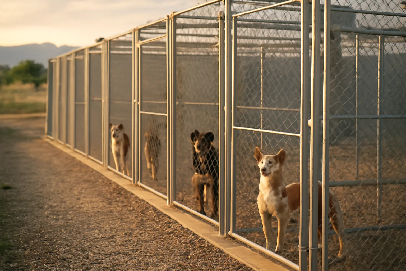 Outdoor kennel runs on a Colorado breeding property at sunset with dogs