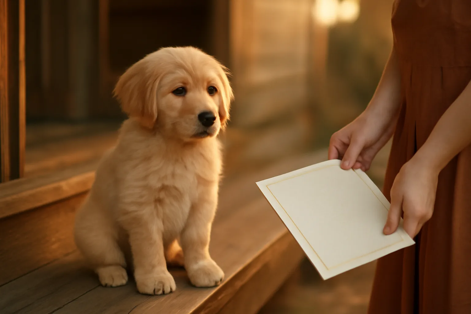 Puppy on a porch step beside an owner holding a registration certificate at golden hour