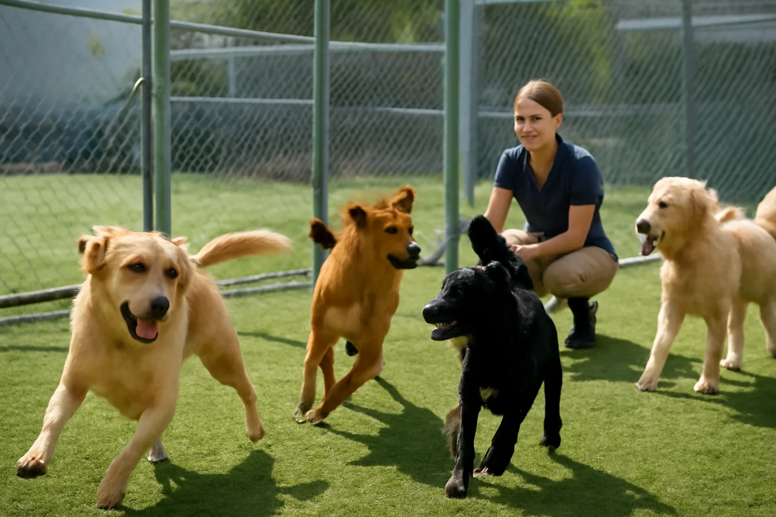 Staff member supervising dogs playing outdoors at a day boarding facility