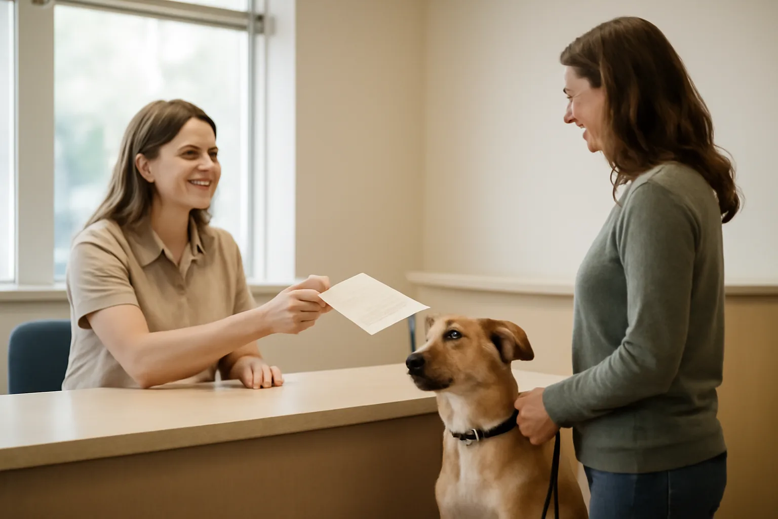 Dog owner and clerk at a county office discussing dog license requirements