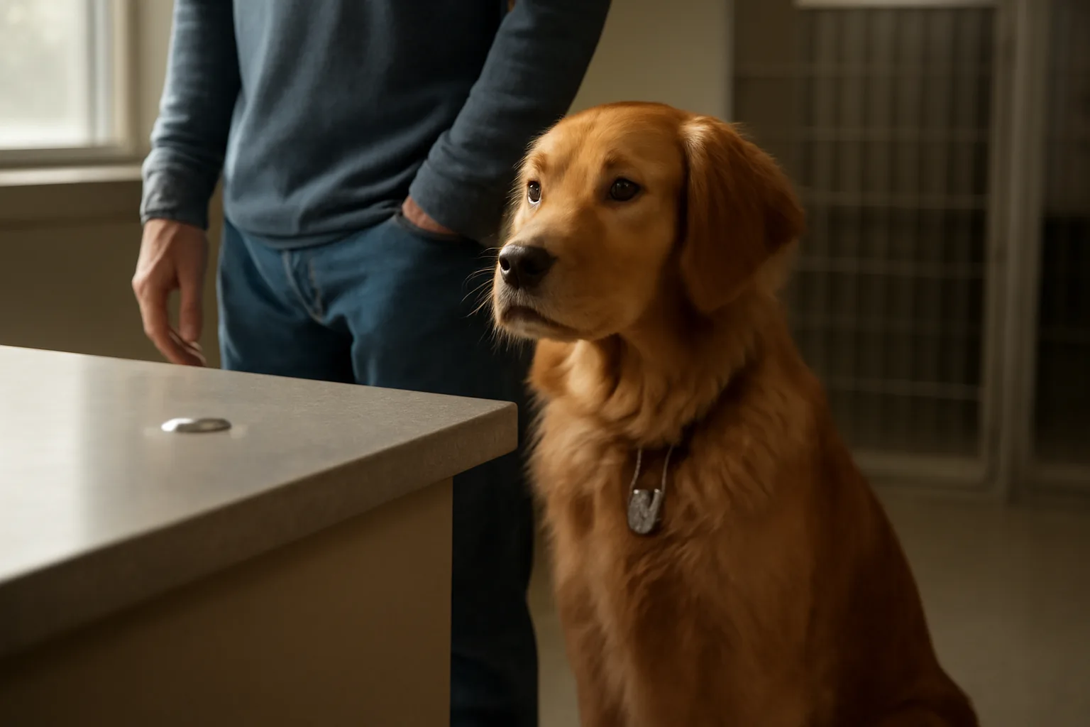 Dog owner standing at a county office counter with a leashed golden retriever, discussing dog licensing