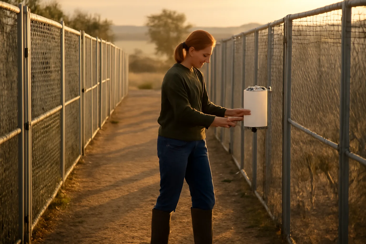 Breeder checking outdoor dog runs on a rural kennel property at sunrise
