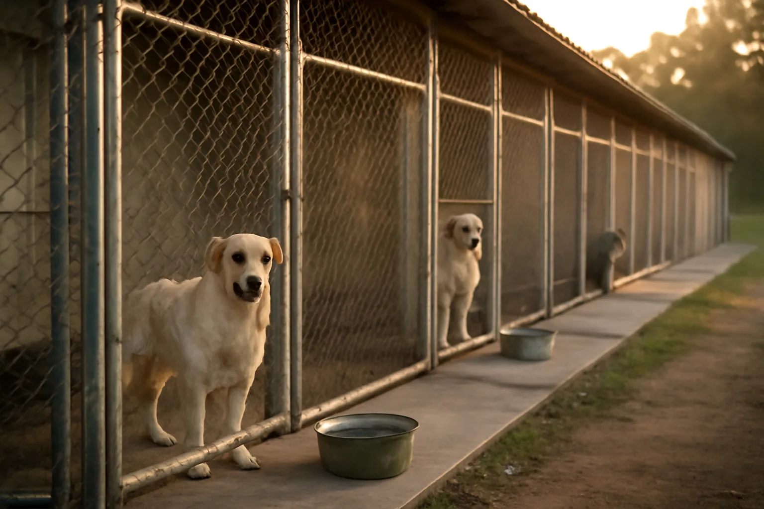 Outdoor kennel runs at a licensed dog breeding facility in morning light