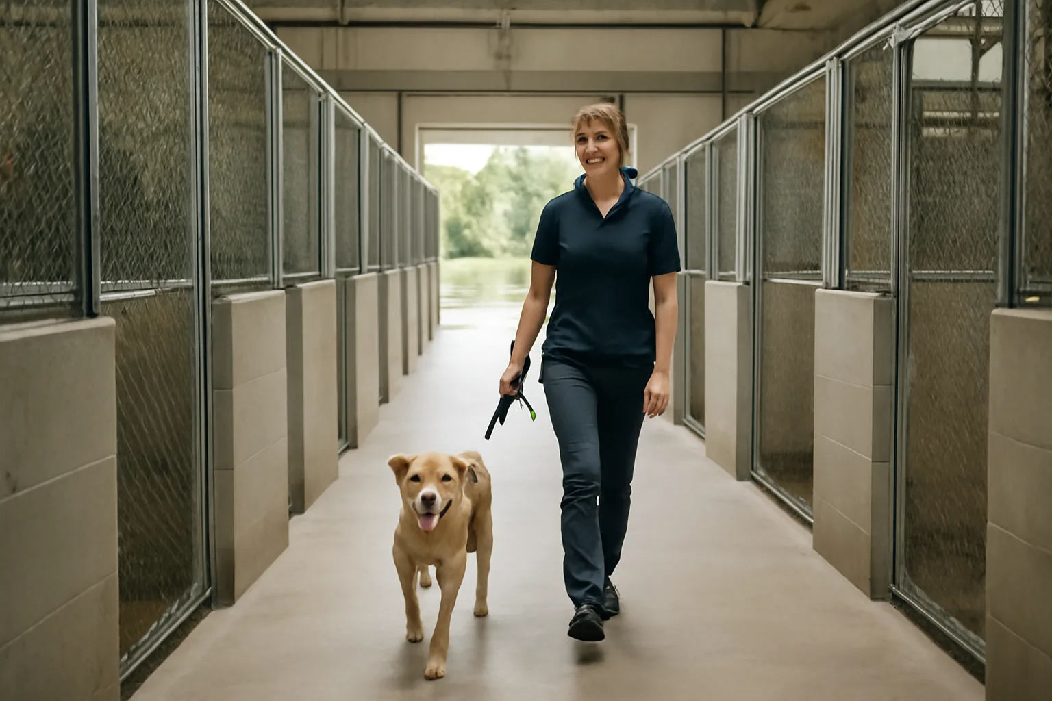 Kennel worker walking a dog past boarding runs in a licensed facility