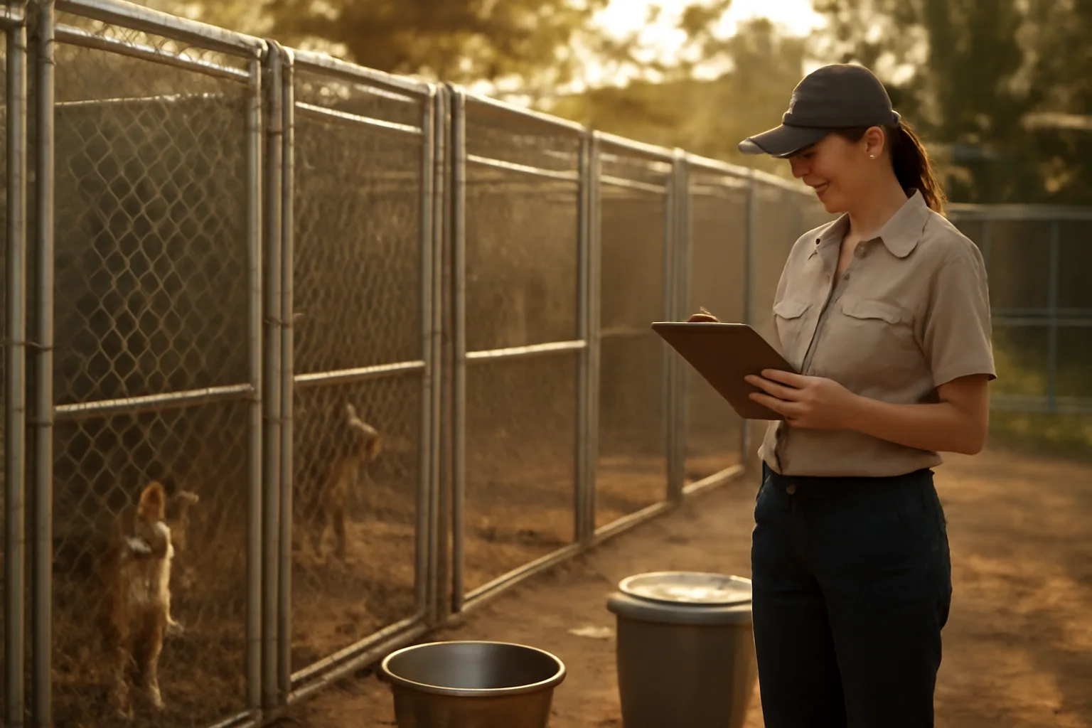 Breeder checking dog runs in a backyard kennel at golden hour