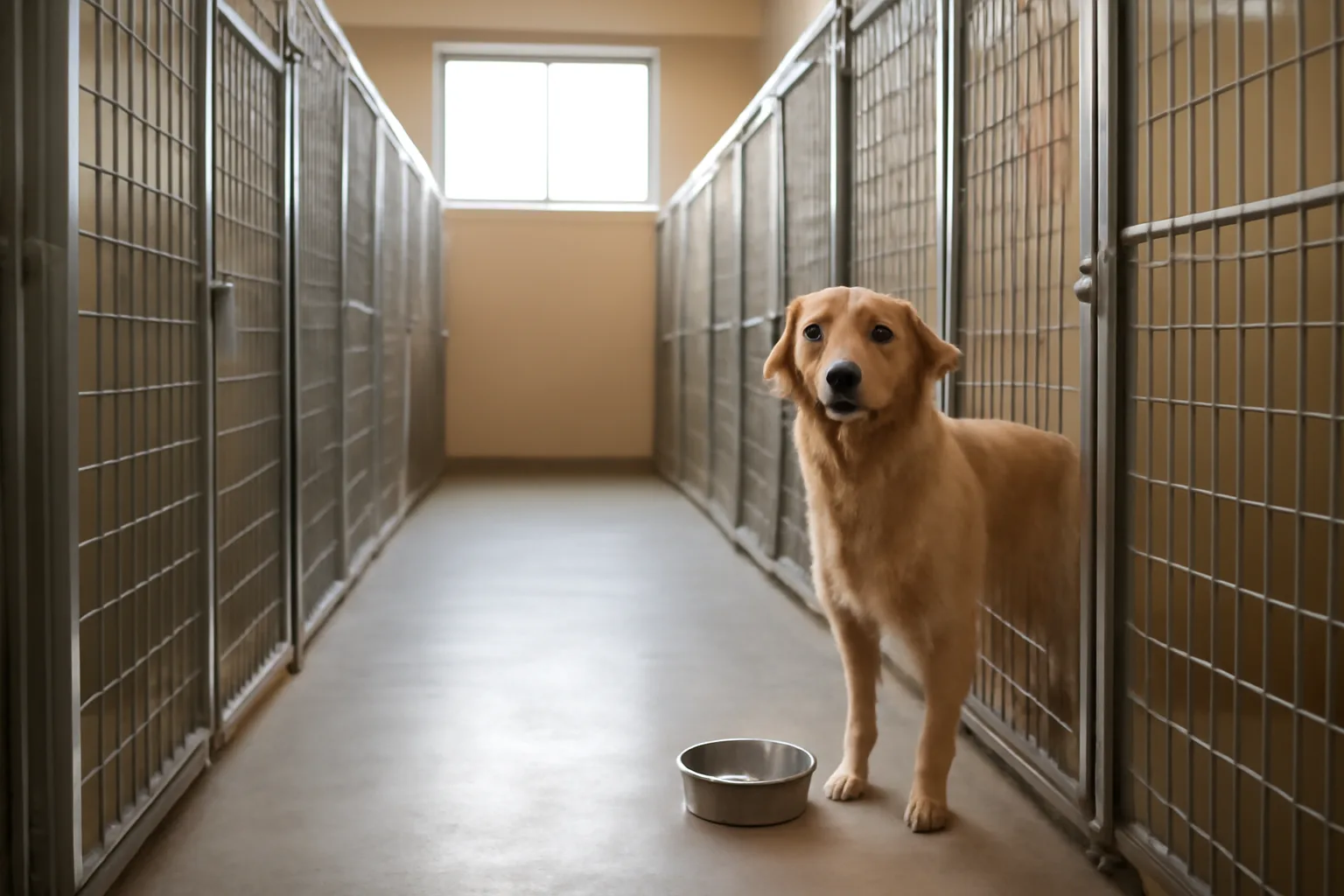 Indoor dog boarding kennel hallway with clean individual runs and one dog standing