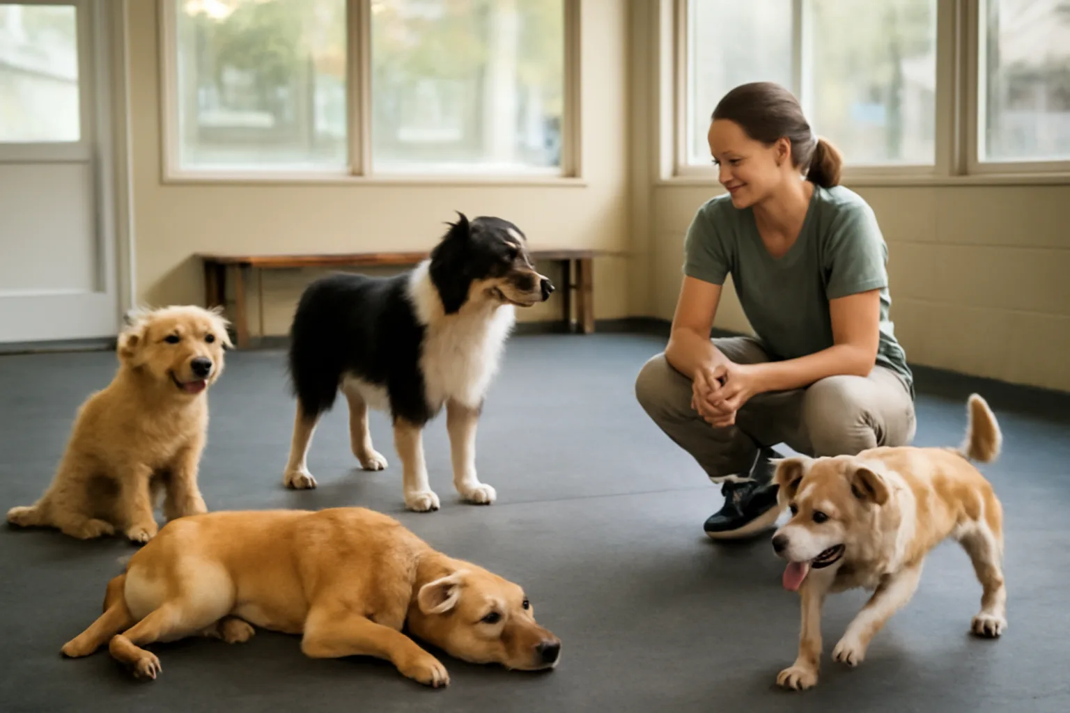 Staff member supervising dogs playing inside a licensed dog daycare facility