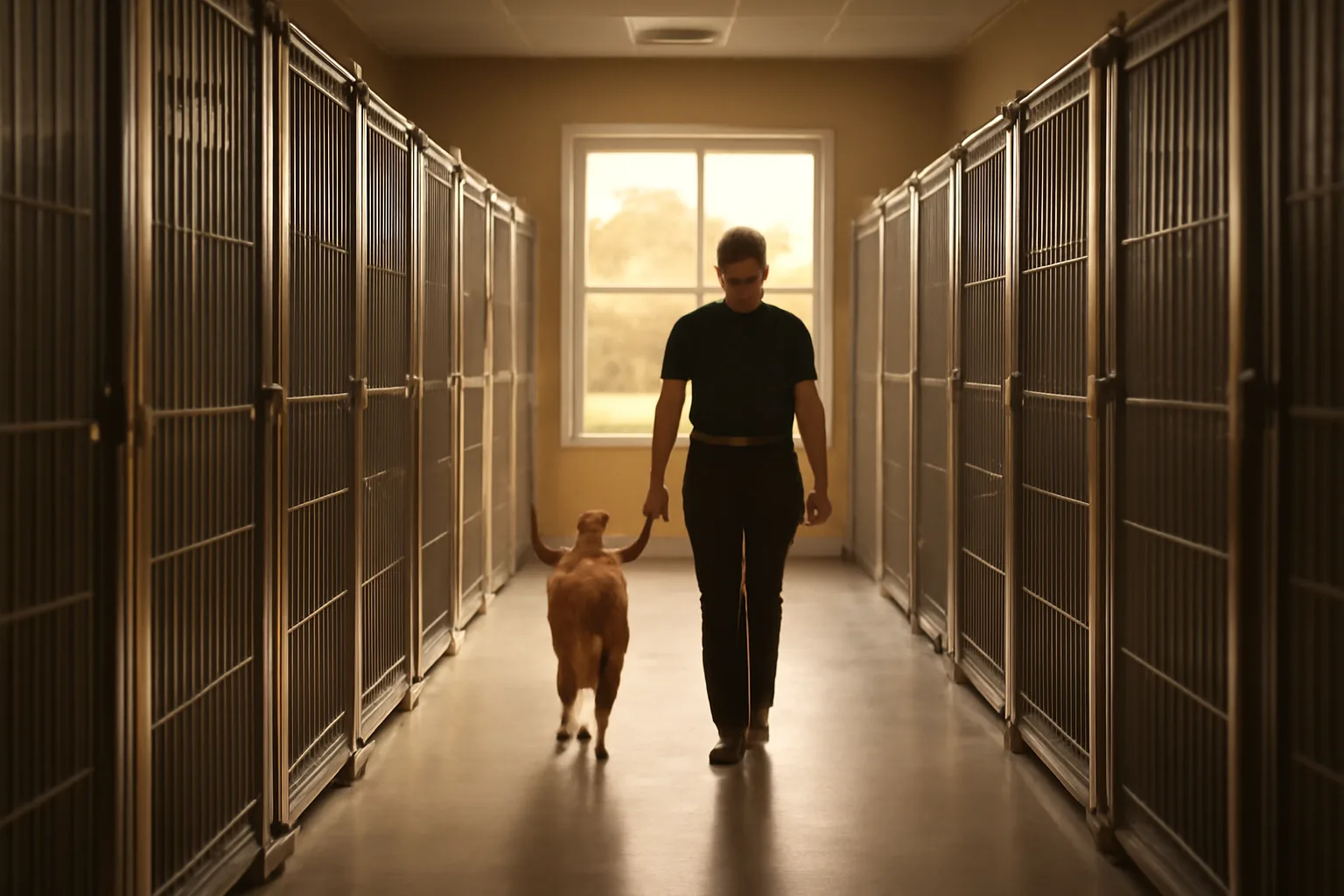 Indoor hallway of a Texas dog boarding kennel with clean runs and morning light