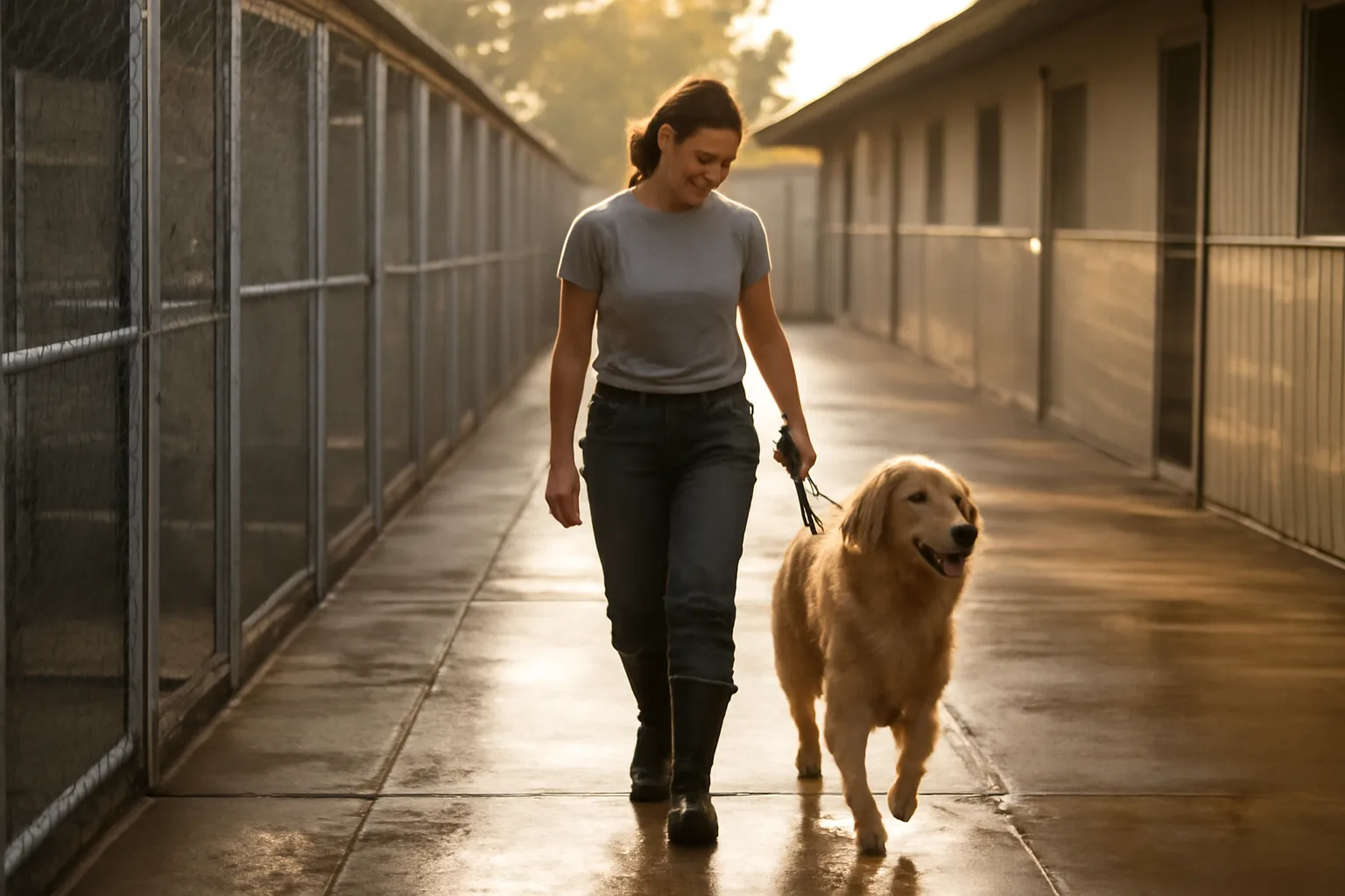 Staff member walking a dog past outdoor runs at a Charlotte dog boarding kennel