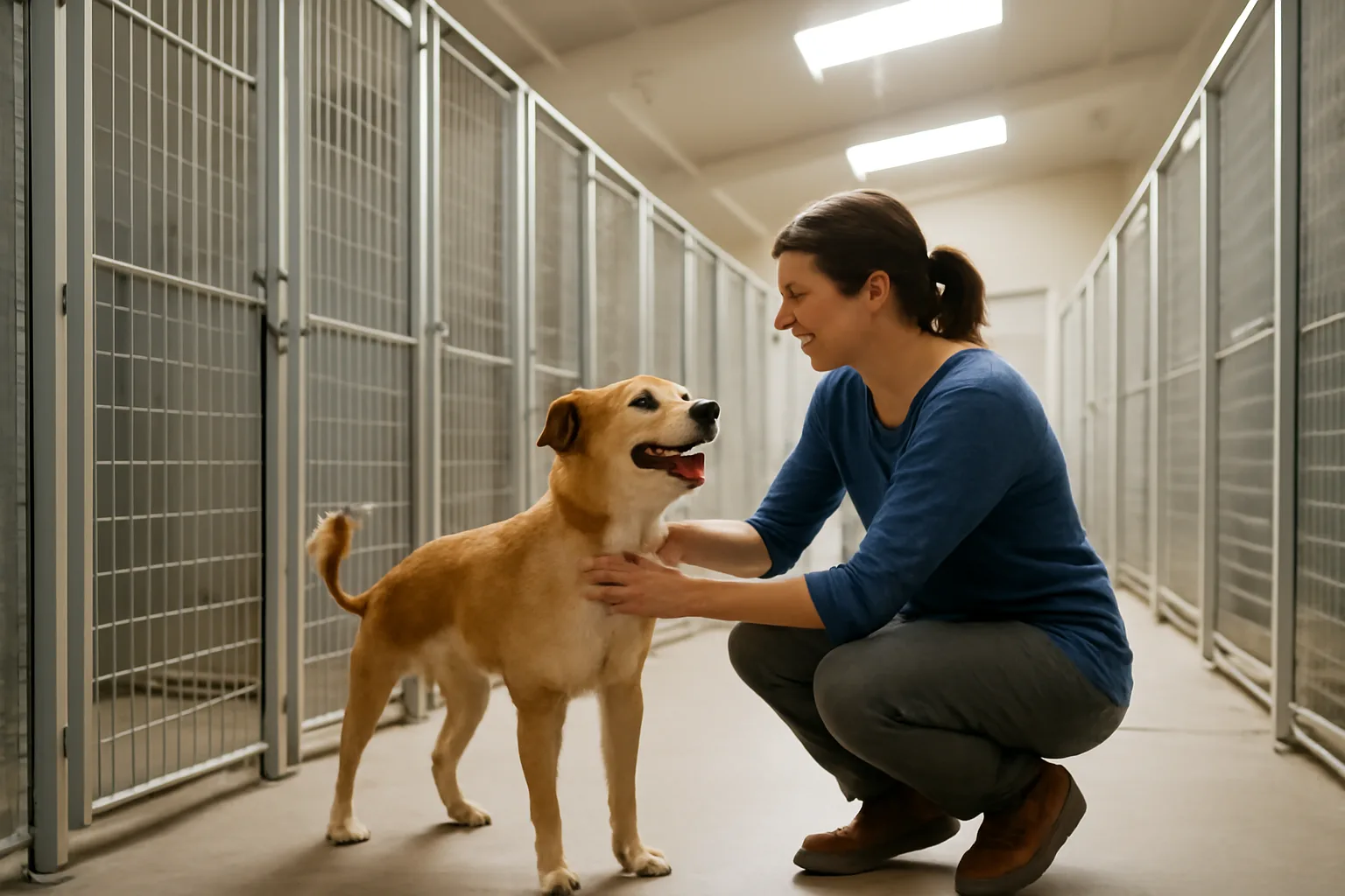 Staff member greeting a dog inside a clean indoor dog boarding kennel facility