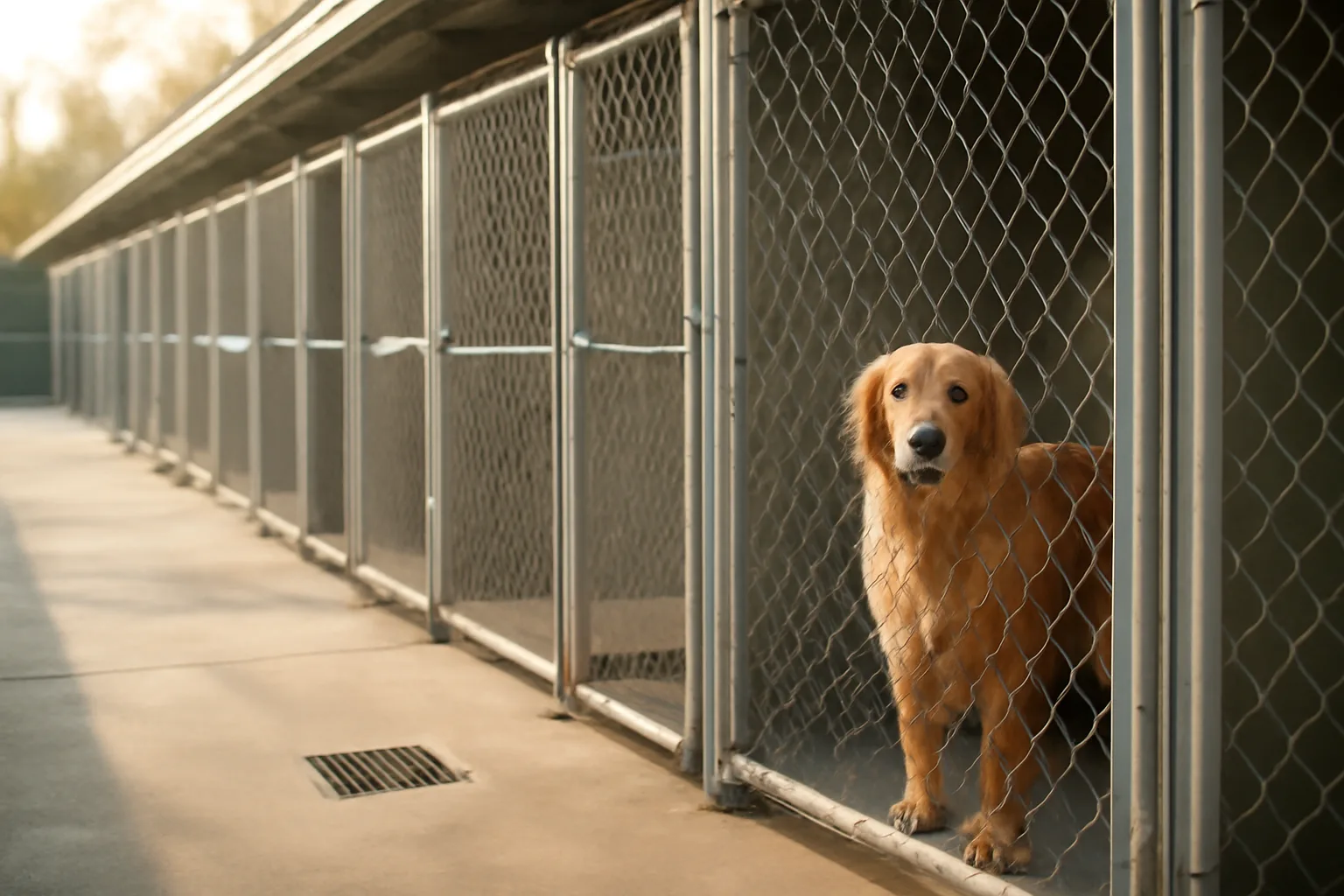 Outdoor kennel runs at a California dog boarding facility in morning light