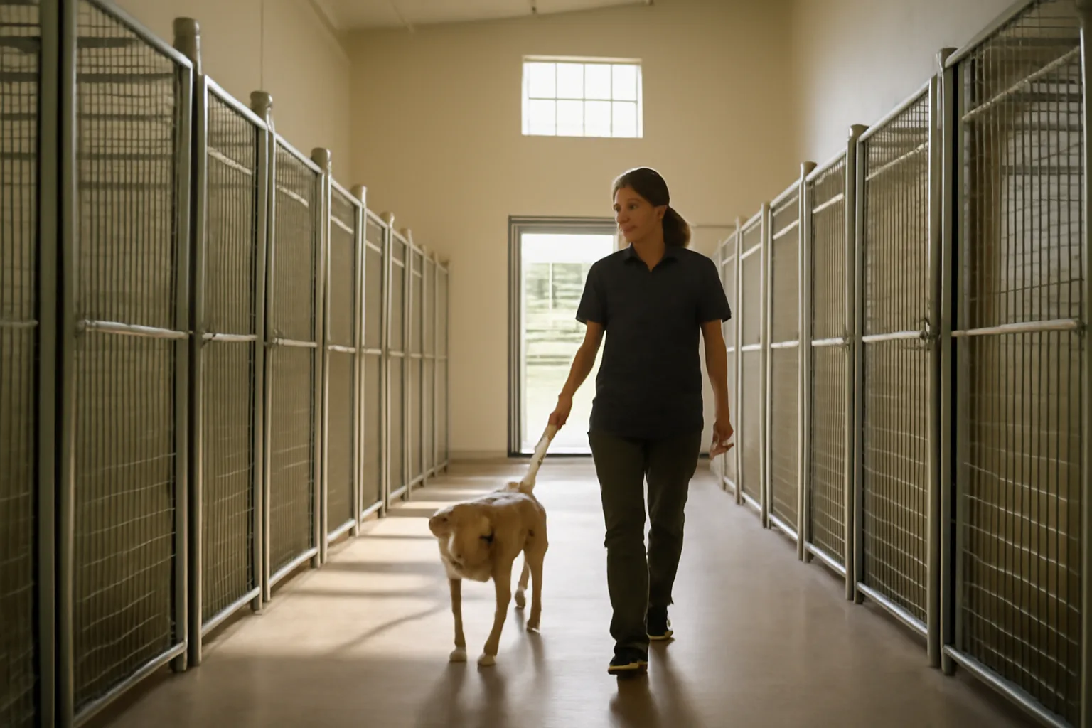 Indoor hallway of kennel runs at a Texas dog boarding facility in morning light