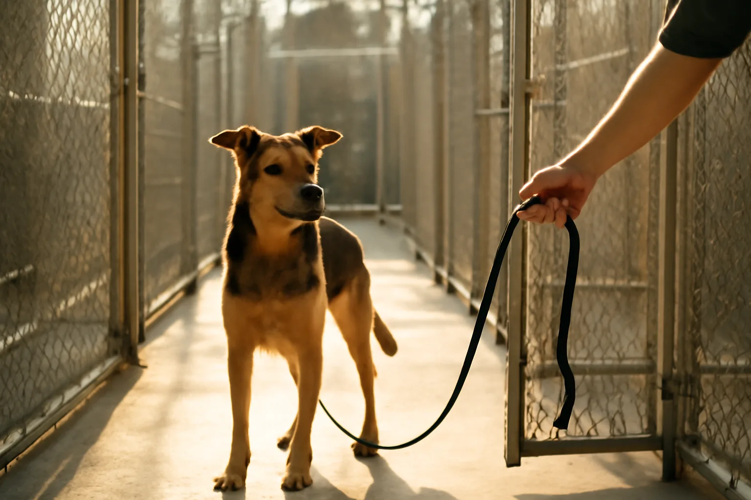 Dog standing in a clean outdoor kennel run at a Texas boarding facility