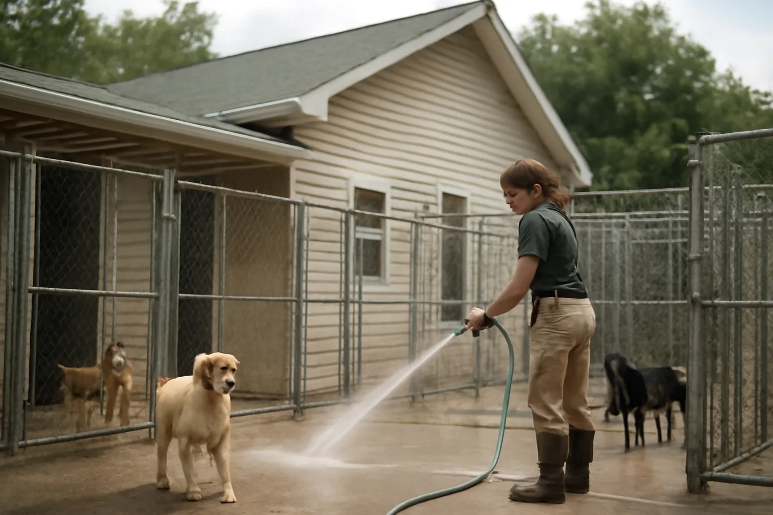 Outdoor dog runs at a licensed dog boarding kennel facility in daylight