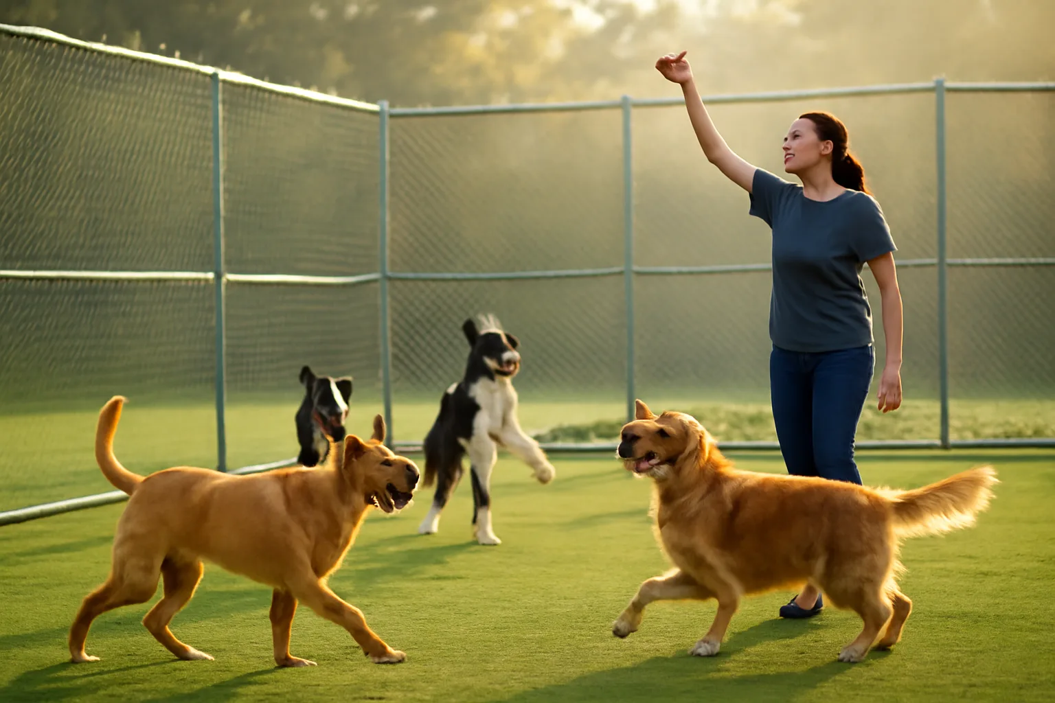Dogs playing in an outdoor yard at a dog boarding facility in San Antonio