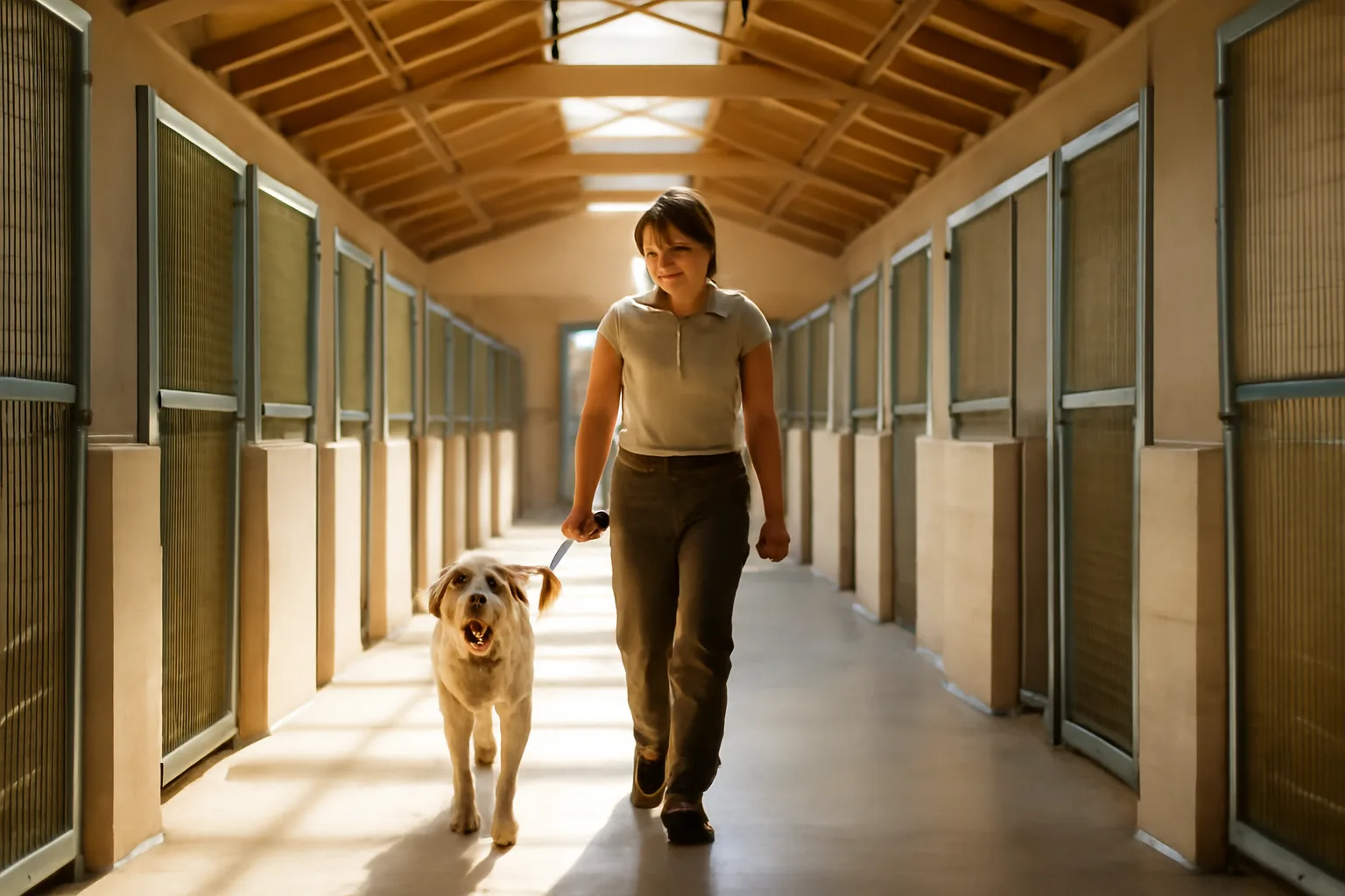 Clean indoor dog boarding kennel hallway with staff walking a labrador in San Antonio