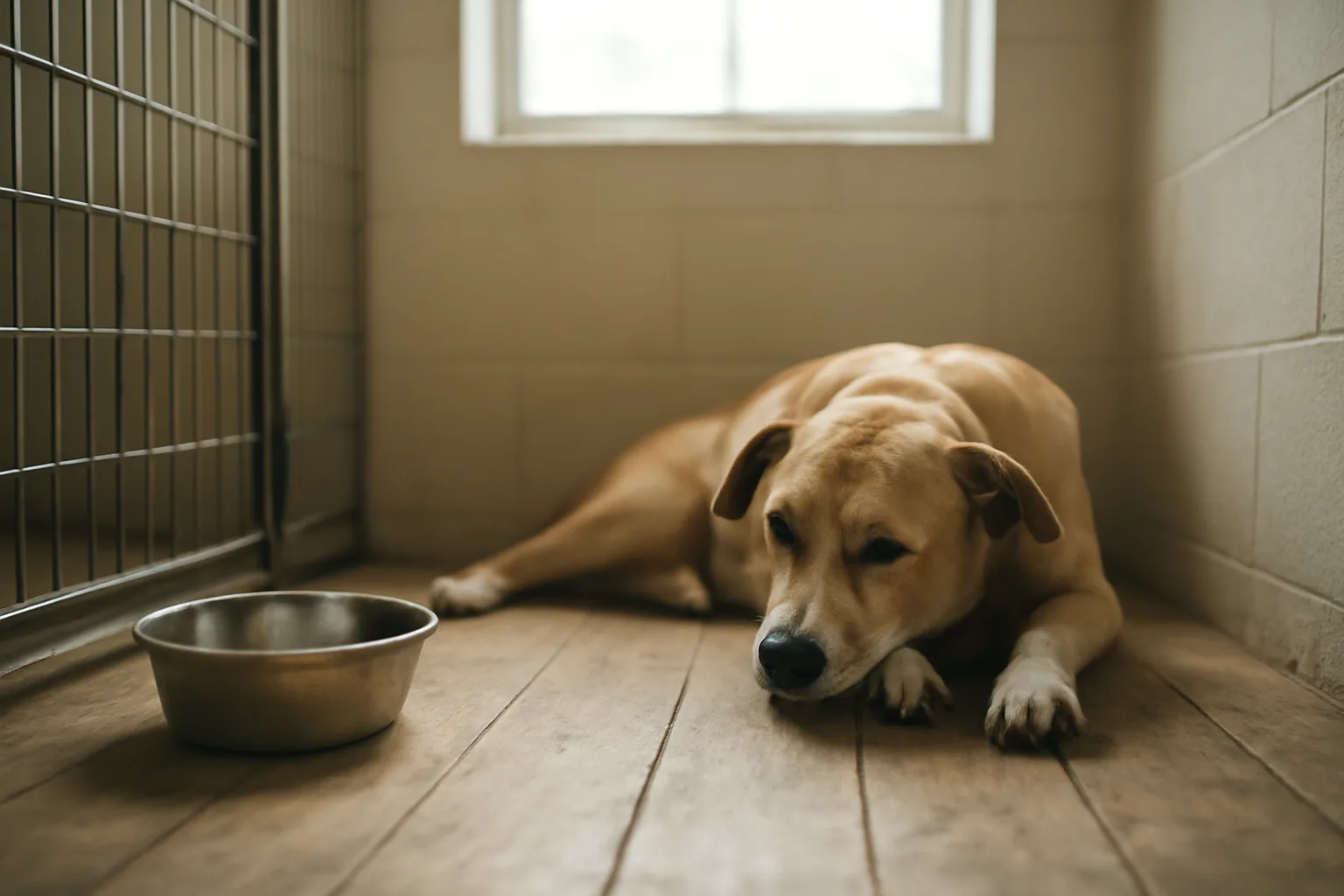 Dog resting in a sunlit boarding kennel suite typical of Seattle facilities