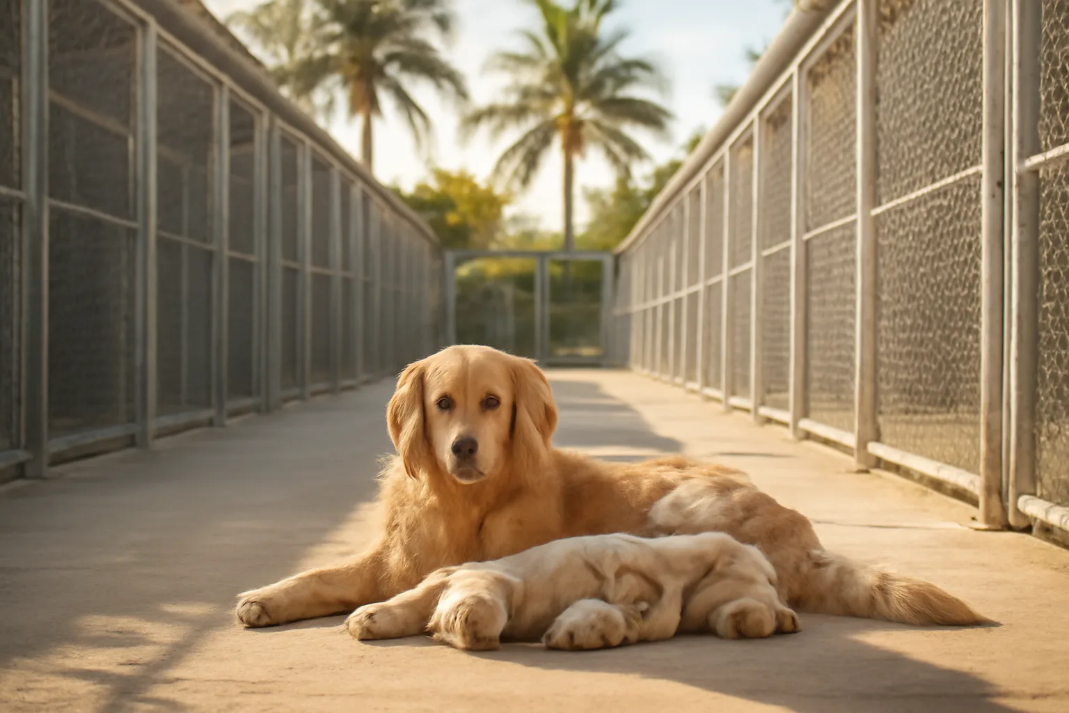 Outdoor dog breeding kennel runs in Florida with a golden retriever and puppies