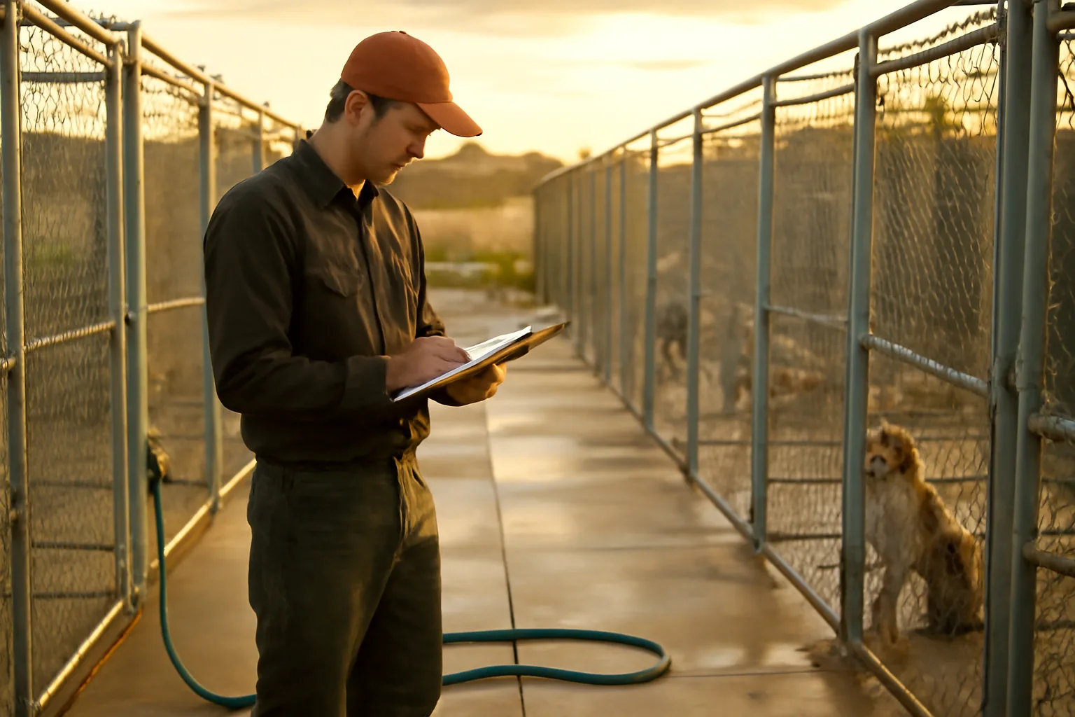 Kennel operator inspecting outdoor dog runs during a breeder facility check