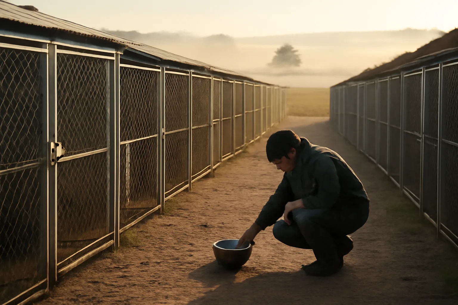 Breeder checking outdoor dog kennel runs on a rural property at dawn