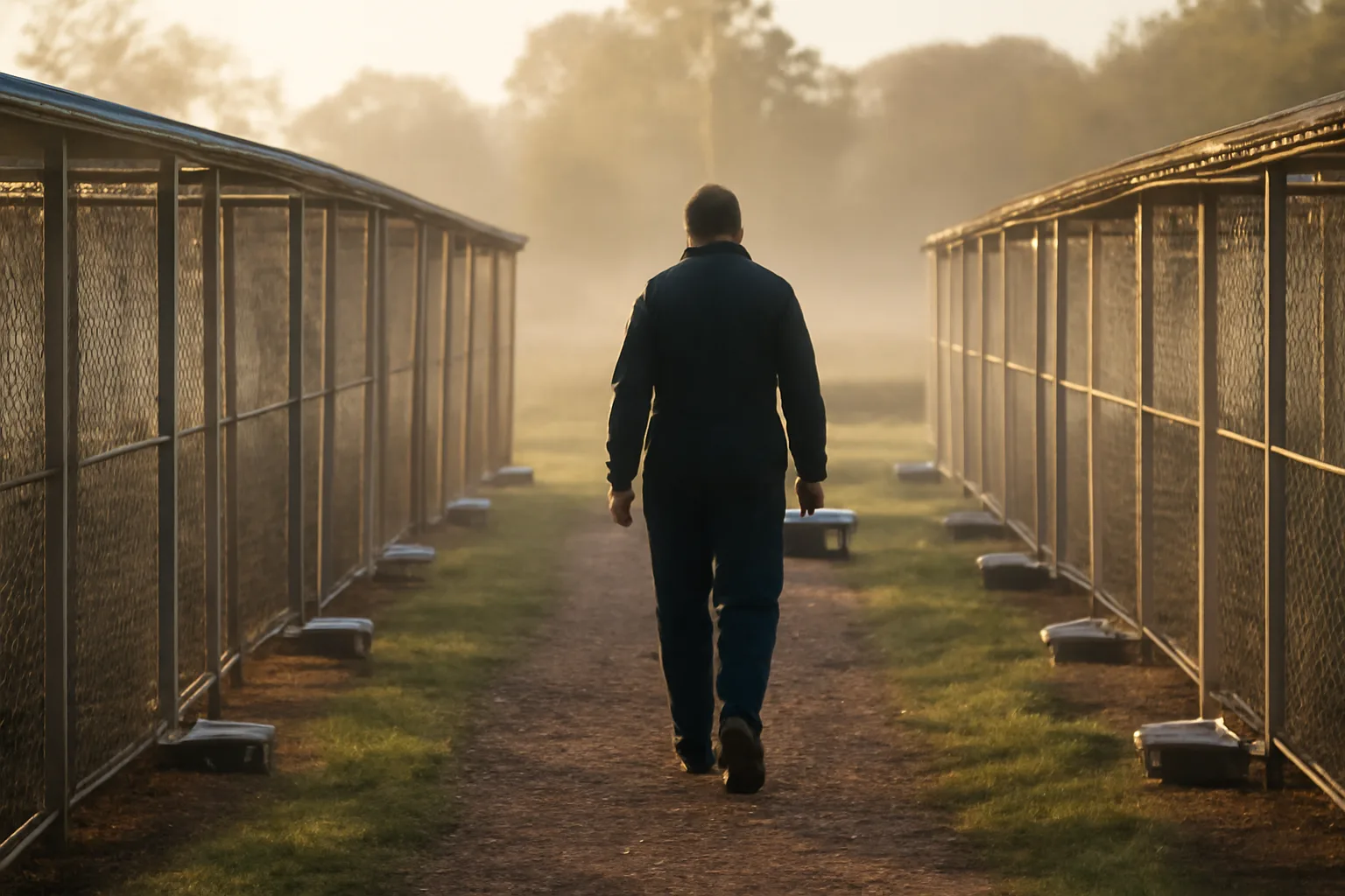 Kennel operator checking outdoor dog runs at a licensed breeding facility at dawn