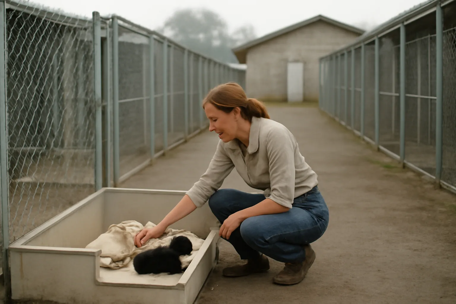 Breeder checking puppies in an outdoor kennel run on a small rural property