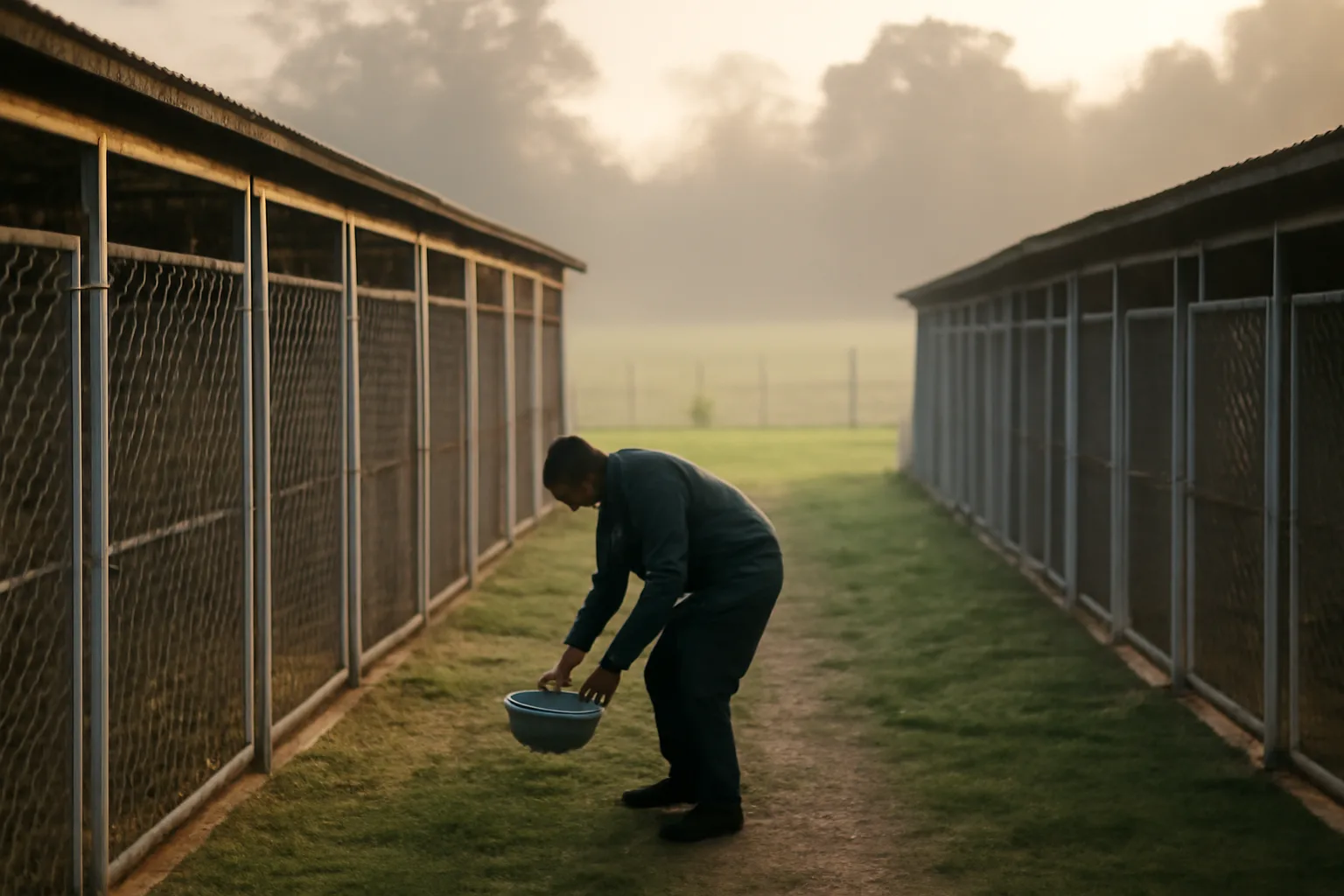 Breeder checking outdoor dog kennel runs at a rural facility in morning light
