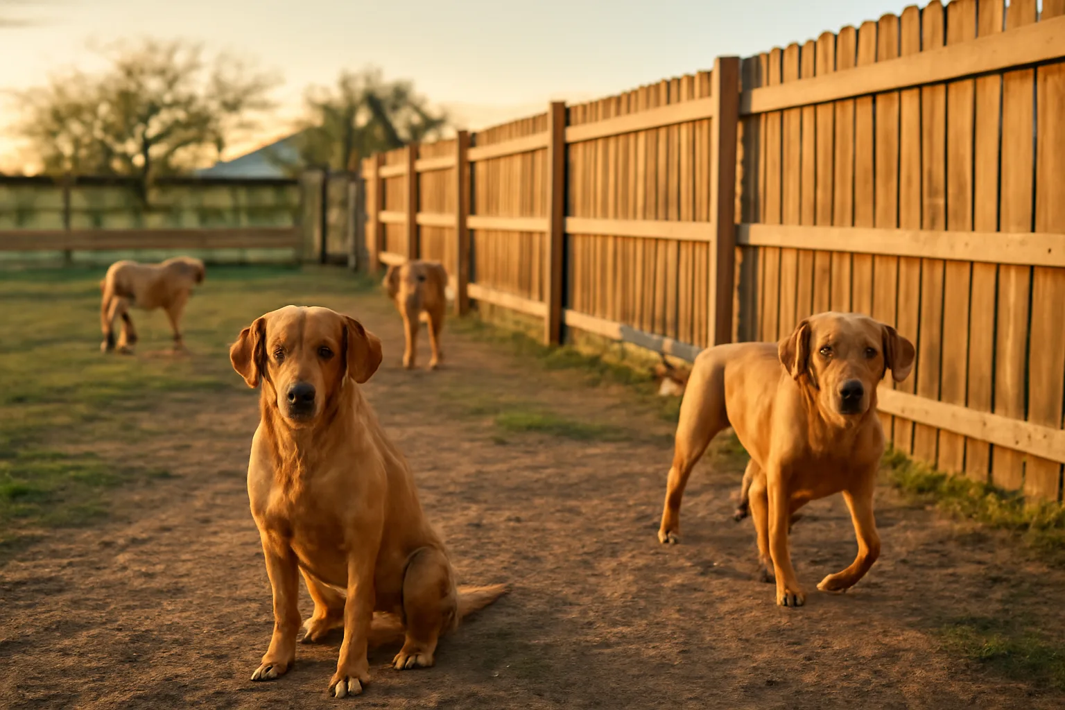 Outdoor kennel yard for dog breeders near Houston TX at sunset