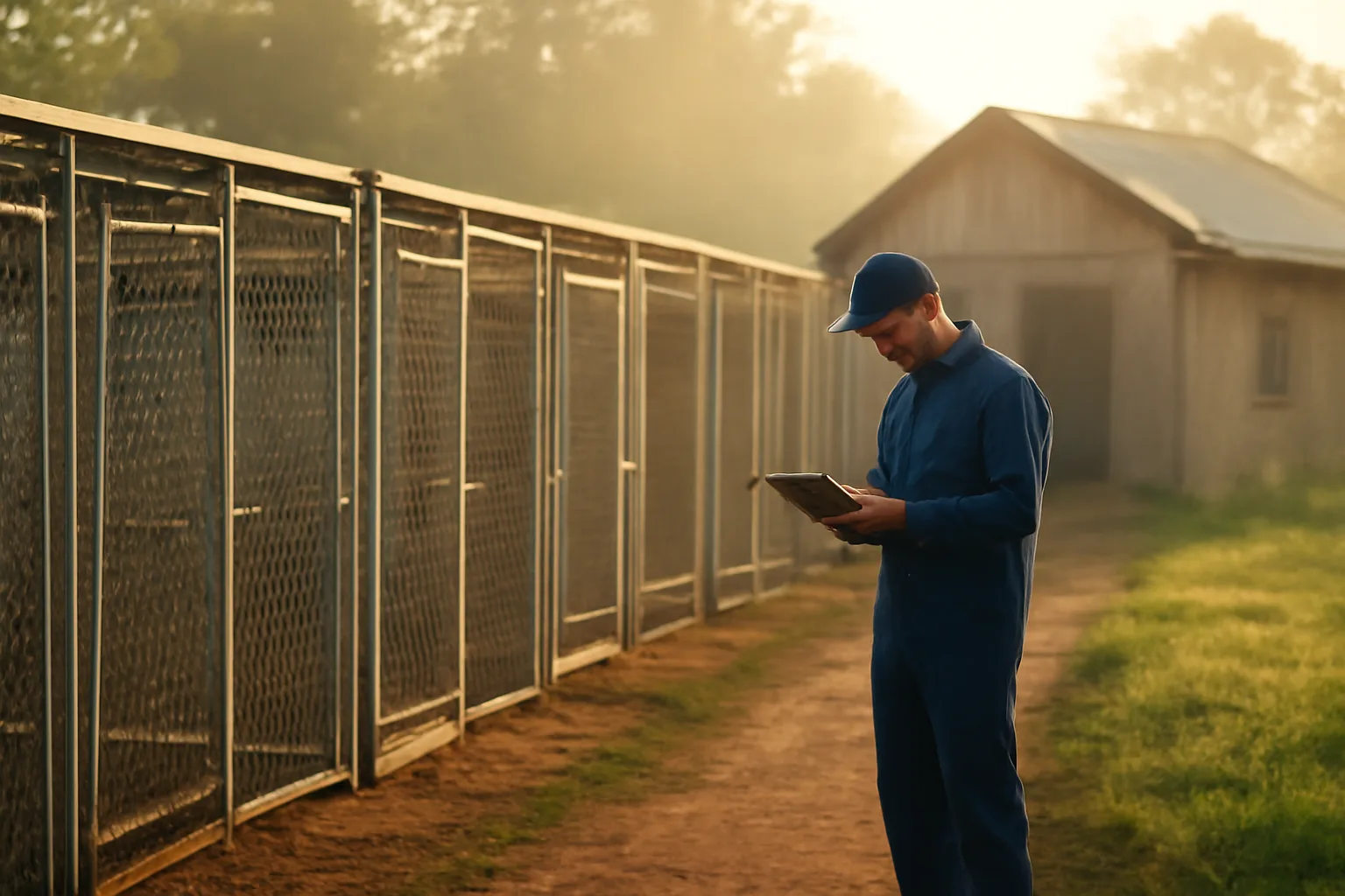 Breeder checking outdoor kennel runs at a rural dog breeding facility at sunrise