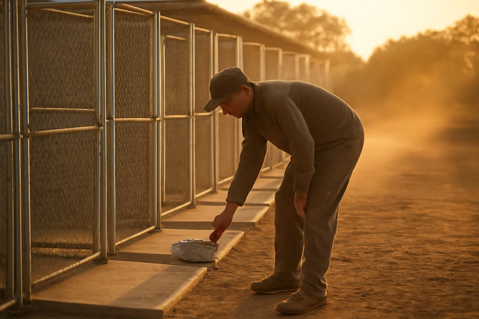 Texas dog breeder checking water bowls in outdoor kennel runs at sunset
