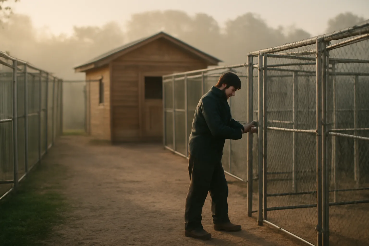 Breeder checking kennel gate latches in a rural dog breeding facility at dawn