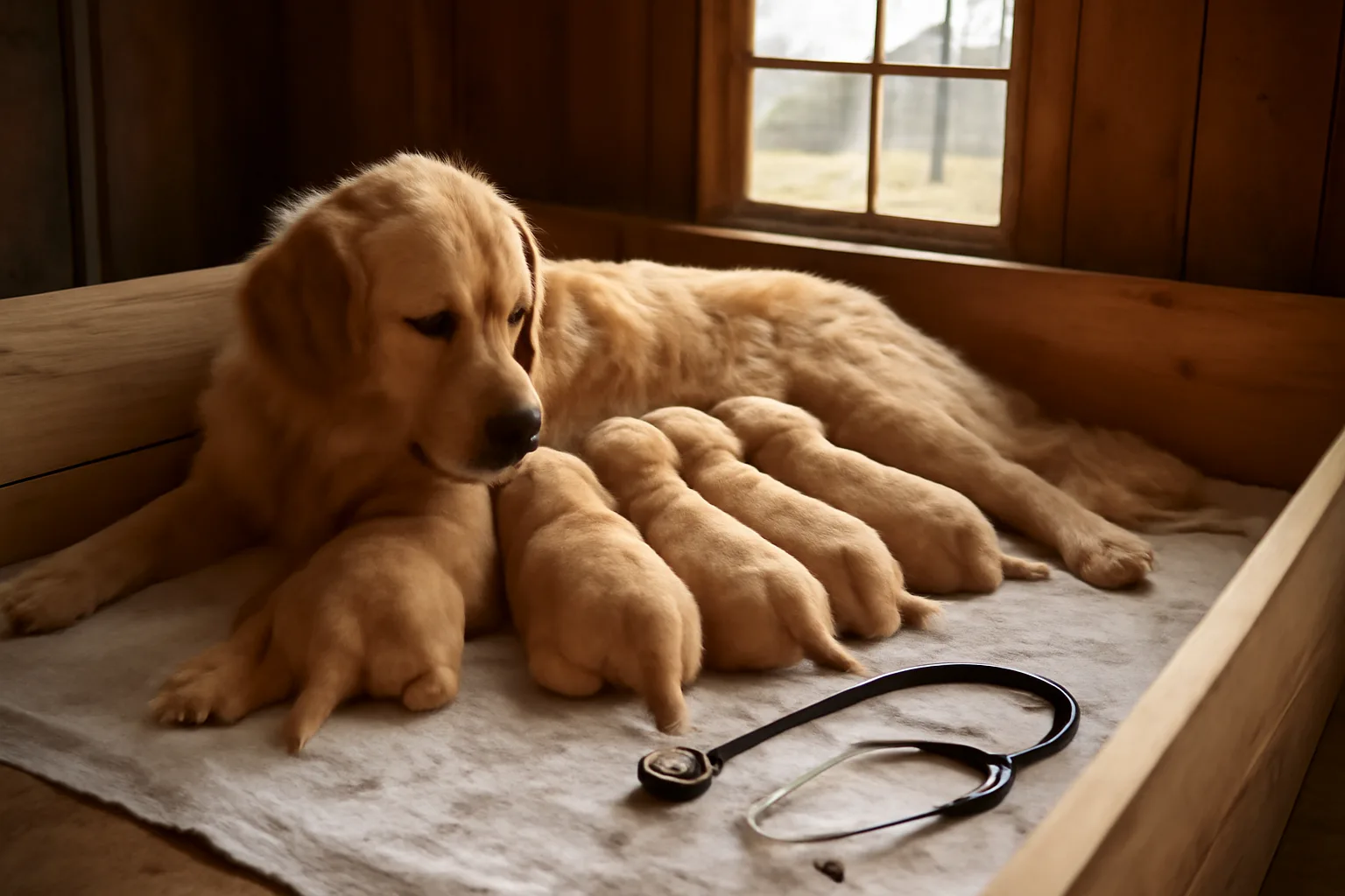 Golden retriever puppies in a whelping box illustrating dog breeding income realities